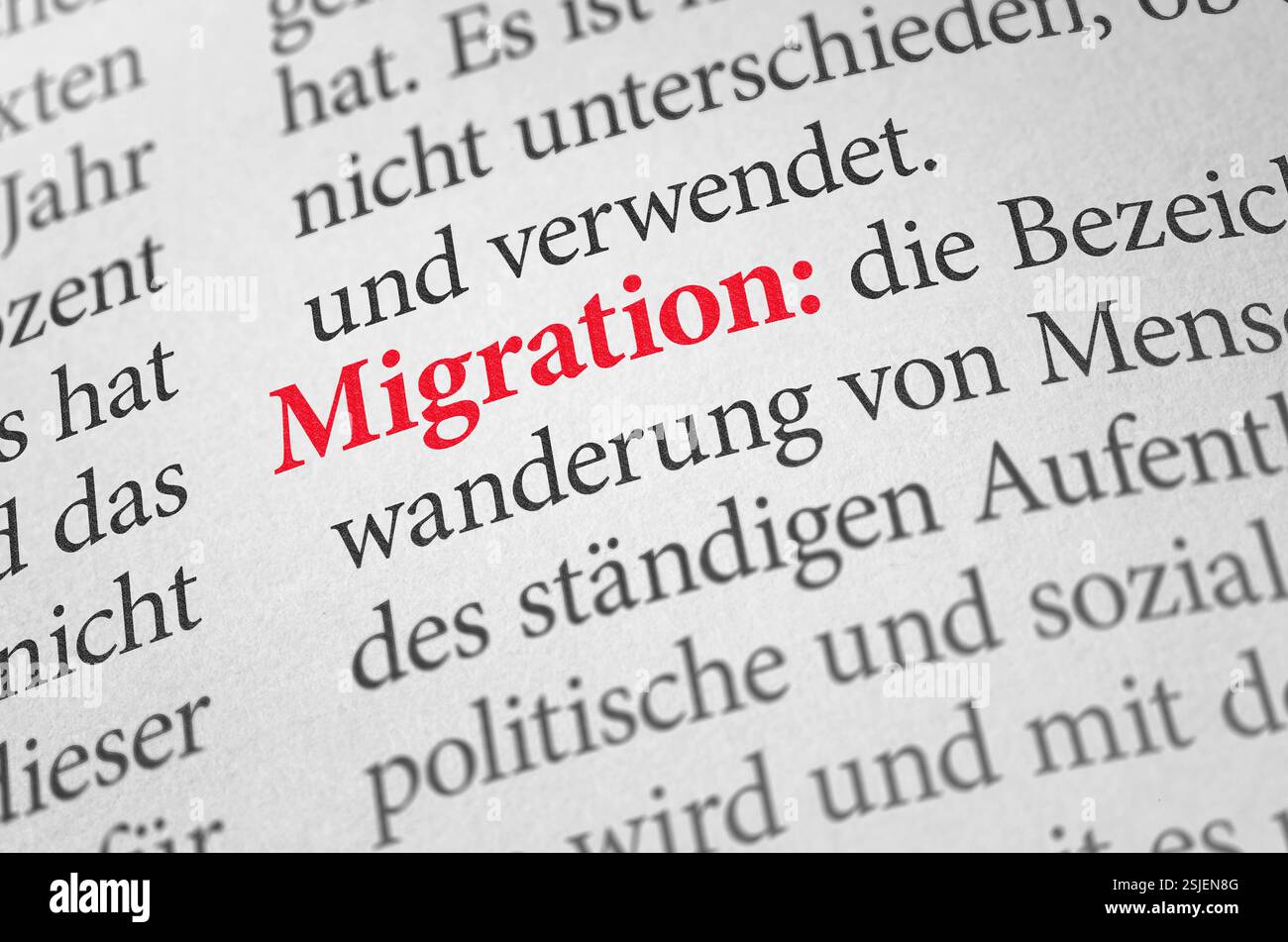 Wörterbuch mit dem Begriff Migration Stockfoto