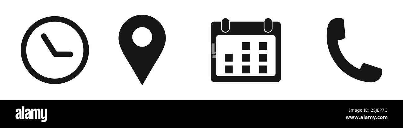 Kalender, Uhrzeit, Ort, Symbolgruppe. Weißer Hintergrund Stock Vektor