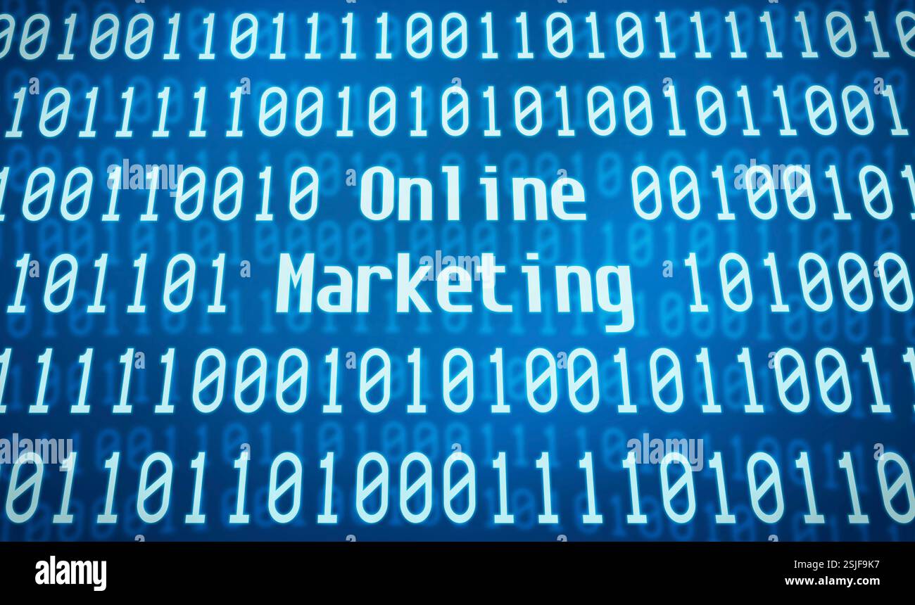 Binärcode mit dem Wort Online Marketing in der Mitte Stockfoto