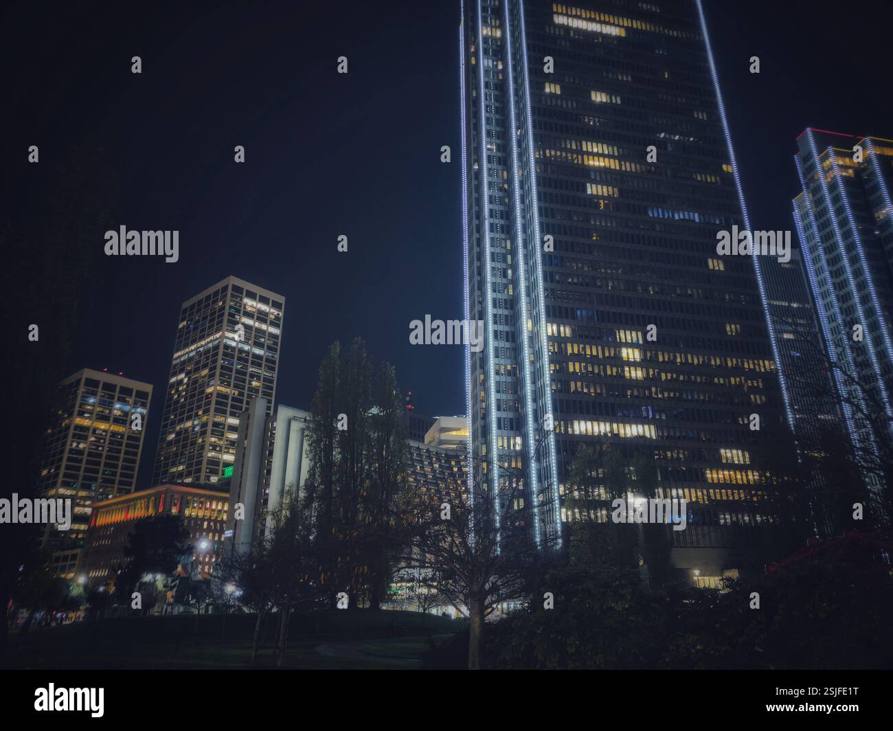 Ein atemberaubender nächtlicher Blick auf die Skyline von San Francisco, beleuchtet mit warmen, einladenden Lichtern, schafft eine lebendige und energiegeladene Atmosphäre. Stockfoto