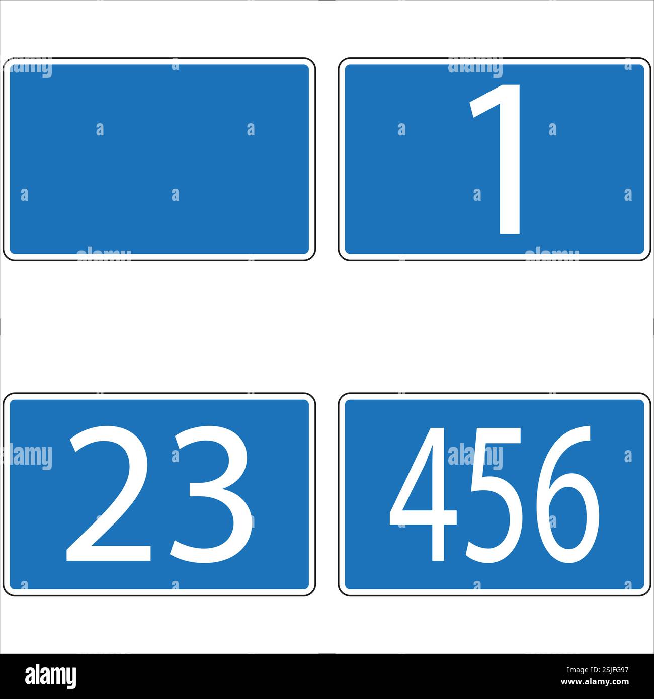 Vier blaue Straßenschilder mit den Nummern eins, dreiundzwanzig, vierhundertsechsundfünfzig und einem leeren Feld für individuelle Anpassungsmöglichkeiten Stock Vektor