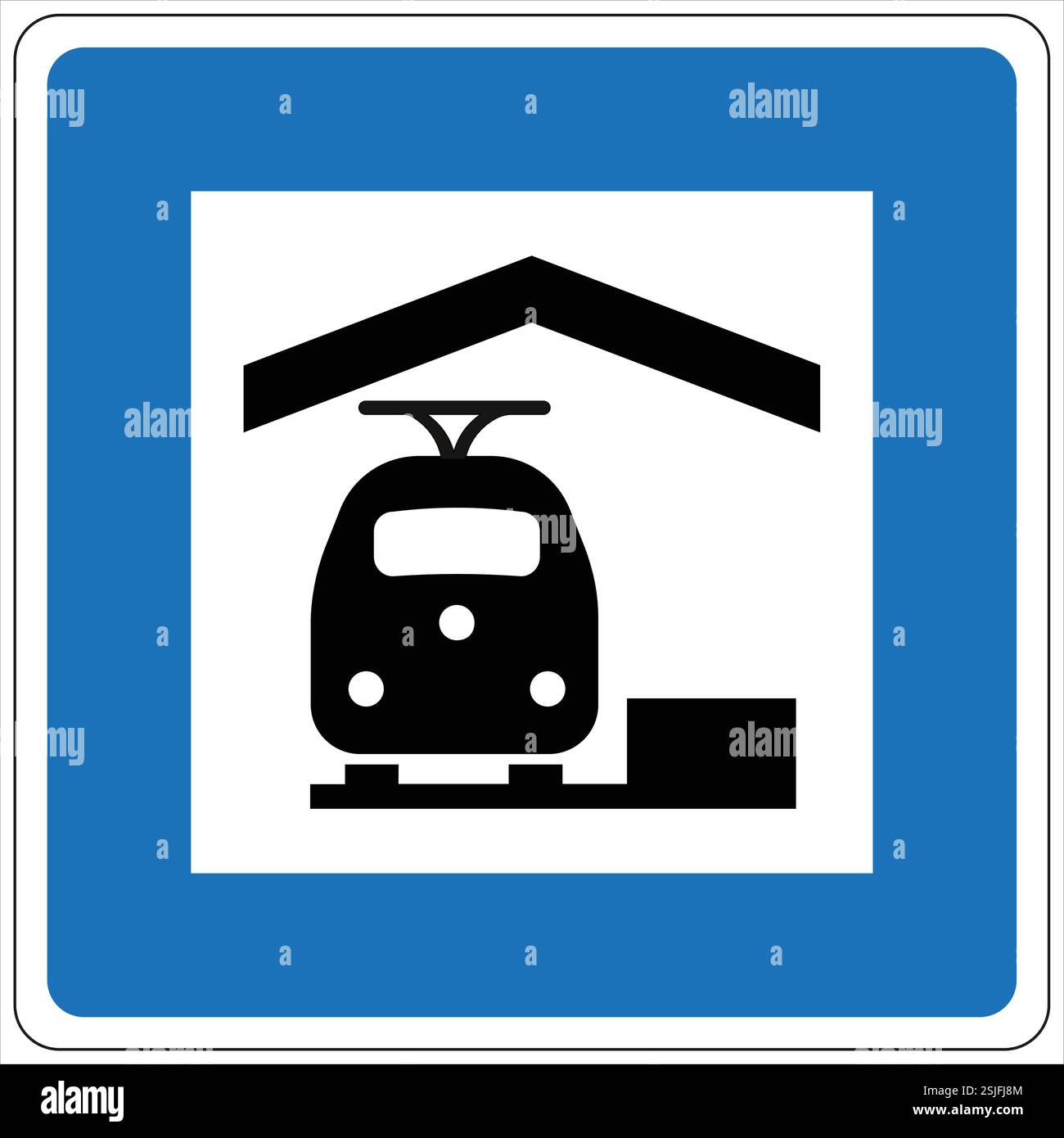 Symbol, das einen Zug darstellt, der unter einer Schutzhütte in einen Bahnhof einfährt Stock Vektor