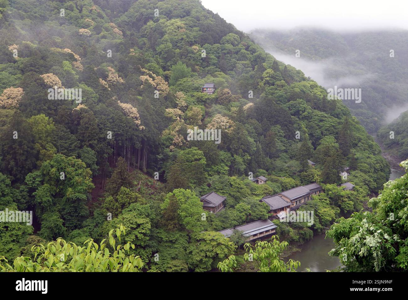 Am frühen Morgen Nebel über dem Berg Arashiyama und dem Bergtempel von Daihikaku Senko-JI, Hozu-Tal. Unten: Hoshinoya Hotel am Fluss Oi. Mai. Japan Stockfoto Am frühen Morgen Nebel über dem Berg Arashiyama und dem Bergtempel von Daihikaku Senko-JI, Hozu-Tal. Unten: Hoshinoya Hotel am Fluss Oi. Mai. Japan Stockfoto