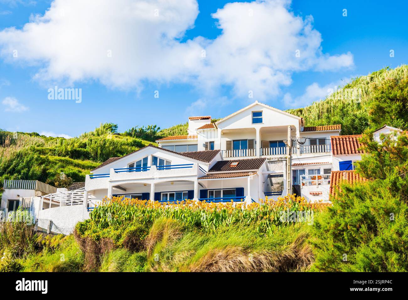 Typische Häuser am Strand von Almoxarife an der Küste der Insel Faial, Azoren, Portugal Stockfoto