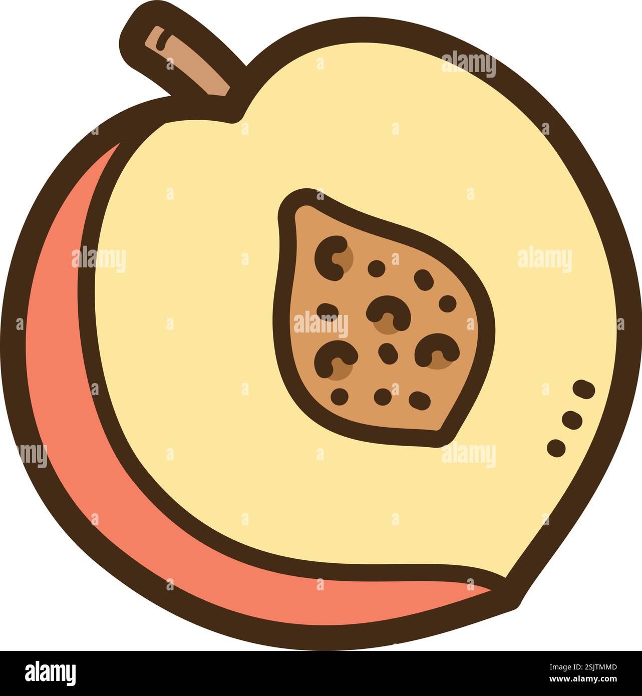 Halb geschnittene pfirsichvektorgekritzelte Illustration und Grafik. Teil der Fruchtscheiben-Kategorie. Stock Vektor