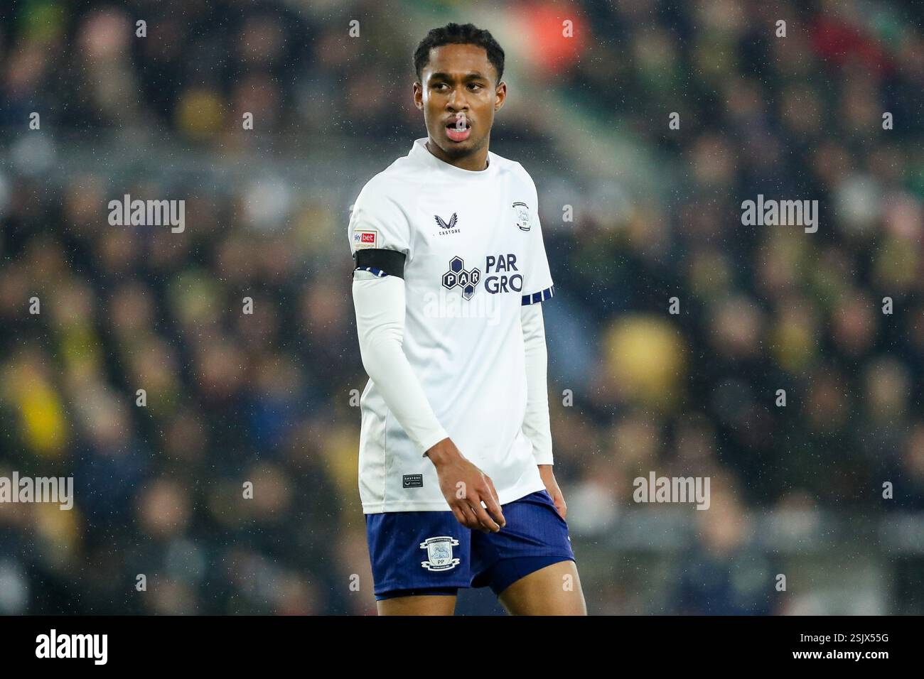 Jayden Meghoma von Preston North End sieht beim Sky Bet Championship Match Norwich City gegen Preston North End an der Carrow Road, Norwich, Großbritannien, 11. Februar 2025 (Foto: Izzy Poles/News Images) Stockfoto