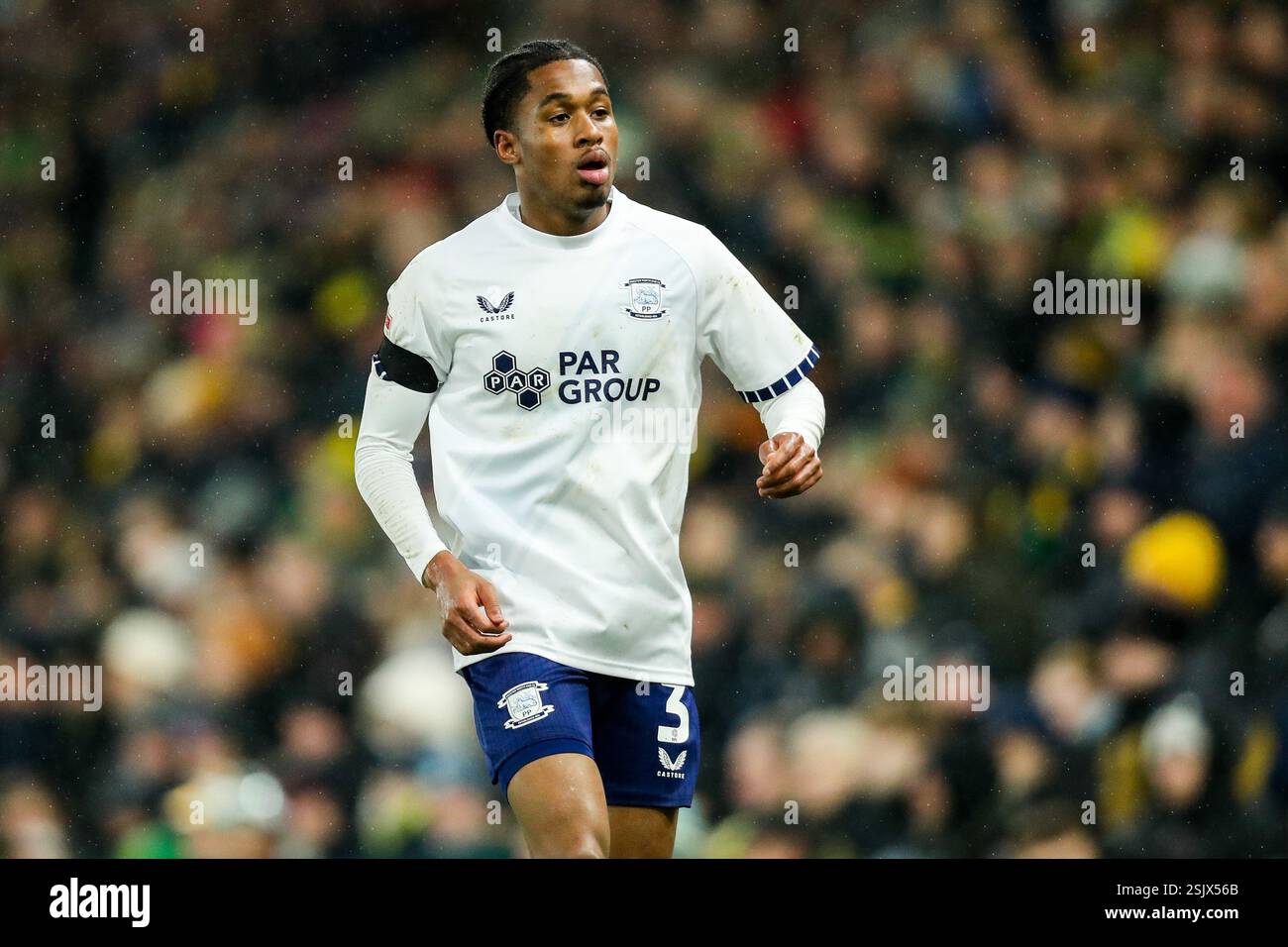 Jayden Meghoma von Preston North End in Aktion während des Sky Bet Championship Matches Norwich City gegen Preston North End in Carrow Road, Norwich, Großbritannien, 11. Februar 2025 (Foto: Izzy Poles/News Images) Stockfoto