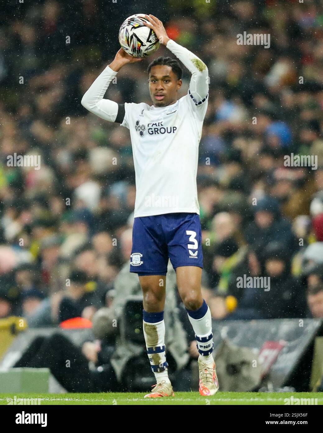 Jayden Meghoma von Preston North End in Aktion während des Sky Bet Championship Matches Norwich City gegen Preston North End in Carrow Road, Norwich, Großbritannien, 11. Februar 2025 (Foto: Izzy Poles/News Images) Stockfoto