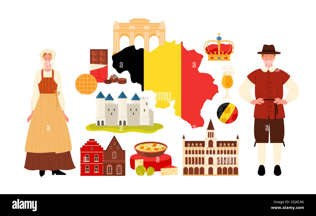 Reisen Sie nach Belgien, Infografik-Collage mit Touristenattraktionen und Speisen. Belgischer Mann und Frau in nationalen Kleidern, Kulturelementen und traditionellen Häusern, Schokolade Cartoon Vektor Illustration Stock Vektor
