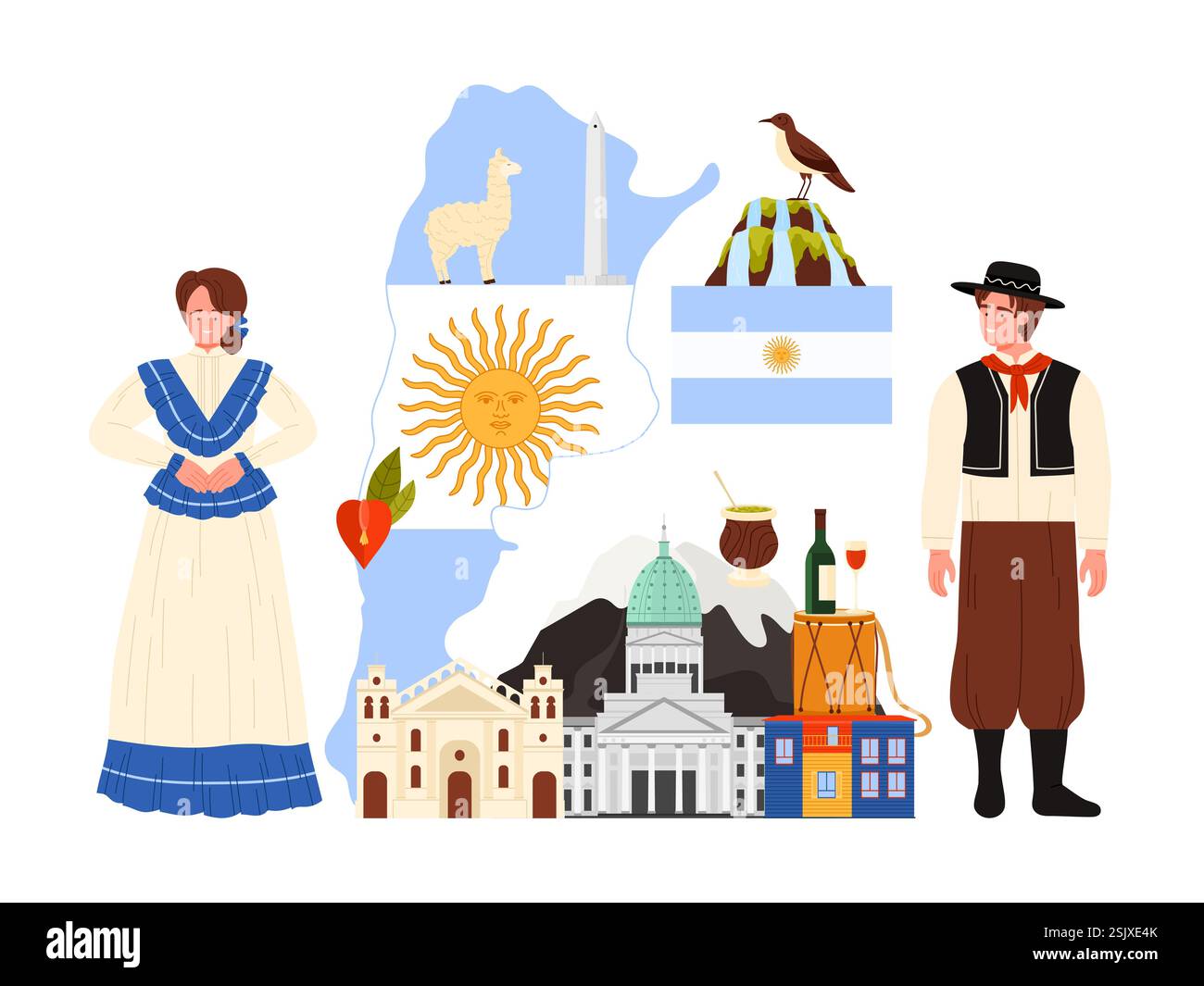 Reisen Sie nach Argentinien, Infografik-Collage mit riesiger Karte und Flagge, Touristenattraktionen, kulturelle Elemente und Natur, Sehenswürdigkeiten. Argentinier Mann und Frau in nationalen Kostümen Karikaturvektor Illustration Stock Vektor