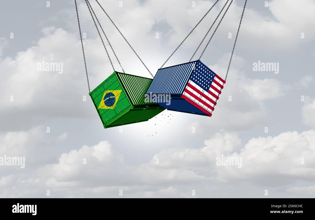 USA Brasilien Handelskrieg und amerikanische Zölle als zwei gegensätzliche Frachtcontainer im Konflikt als Wirtschaftsstreit um Import- und Exportsteuern Stockfoto