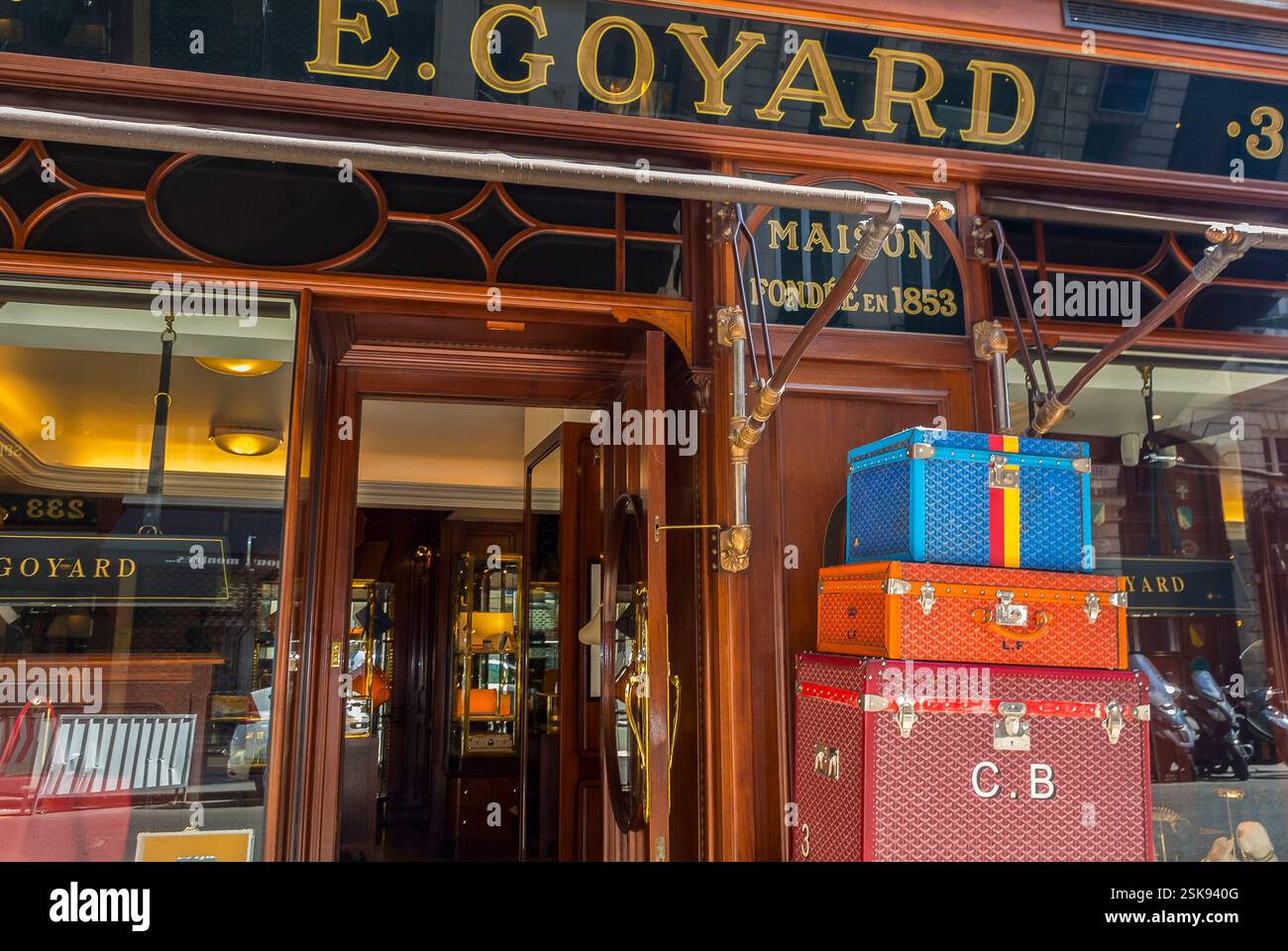 Paris, Frankreich, Nahaufnahme, Luxury Fashion Brand Store, E. Goyard, Gepäck, (Rue de Faubourg Saint Honoré), Eingangsschild Stockfoto