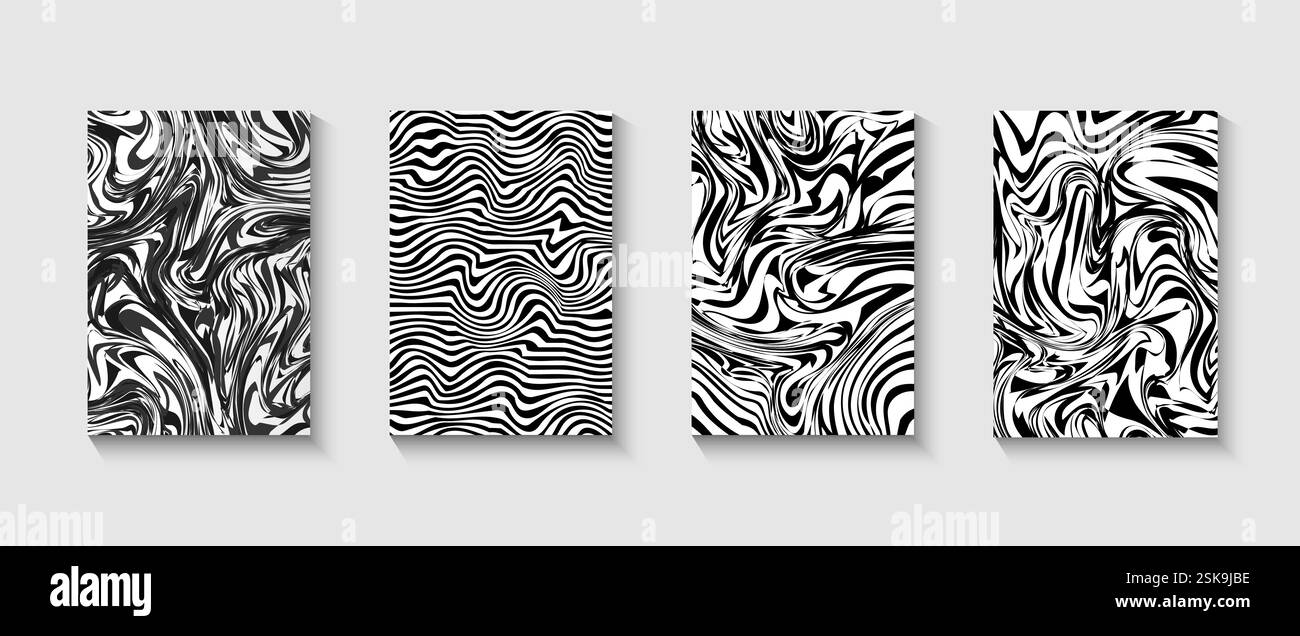 Abstrakter geometrischer Hintergrund. Flüssig dynamisch Fluid, wellige Formen gemischt mit zebrascharfen geometrischen Elementen. Design für Banner, Karten, Drucke, soziale Medien. Stock Vektor