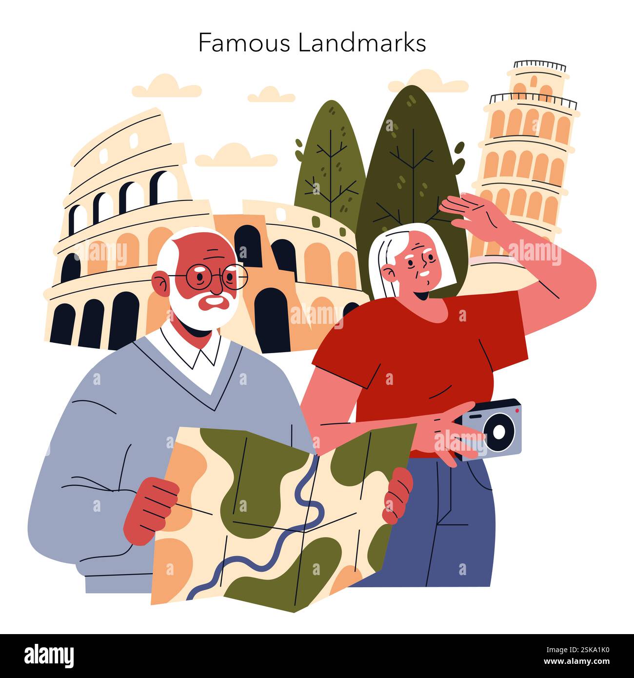 Berühmtes Wahrzeichen-Konzept. Touristen erkunden ikonische Stätten und zeigen, wie aufregend es ist, kulturelle Schätze in ganz Europa zu entdecken. Die Abbildung zeigt unvergessliche Orte und die Freude am Reisen. Vektorabbildung. Stock Vektor