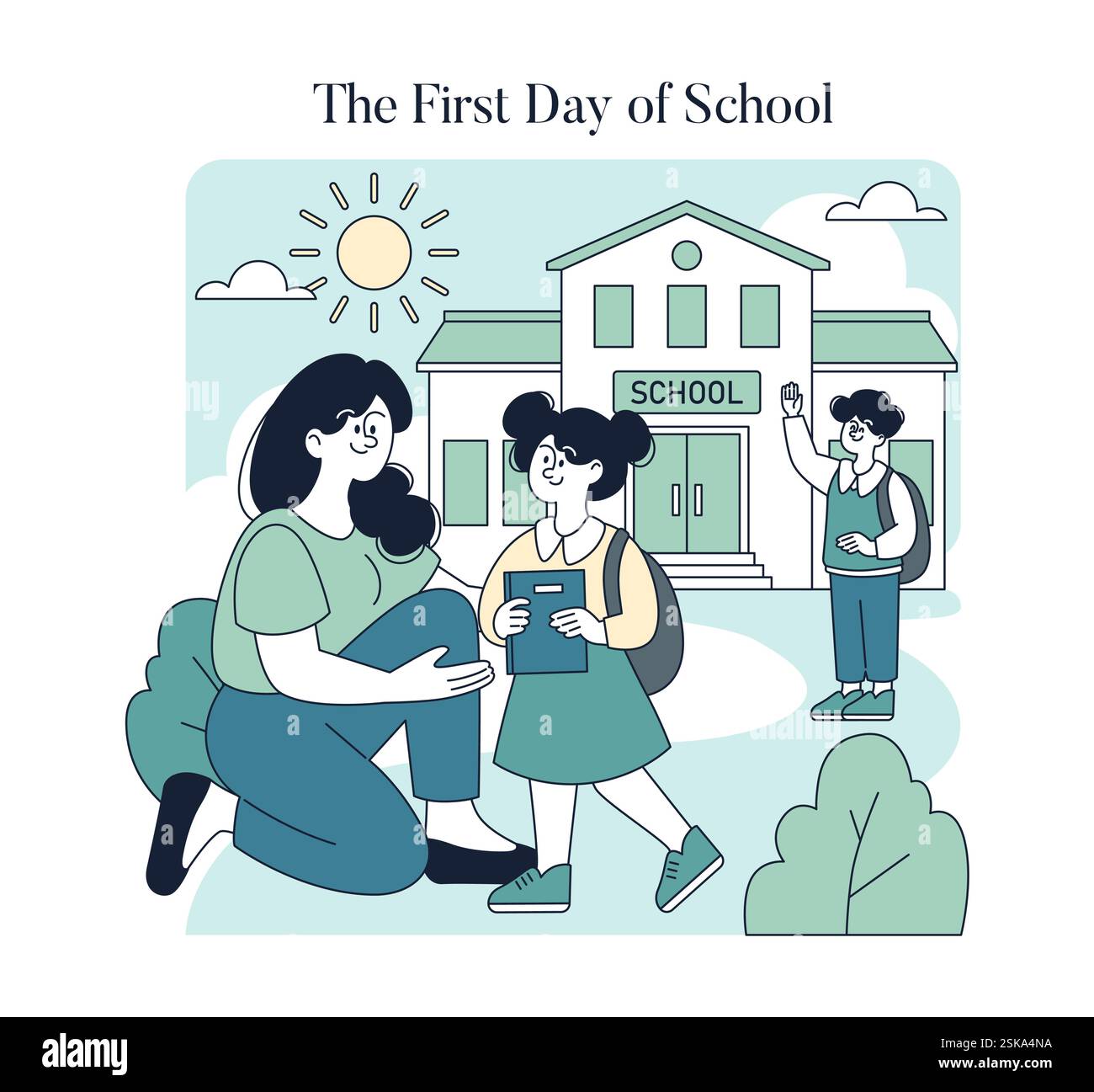 Konzept des ersten Schultages. Eine Mutter, die ihre Tochter mit dem Schulgebäude tröstet, und eine andere Schülerin im Hintergrund. Neue Studienjahre. Vektorabbildung. Stock Vektor
