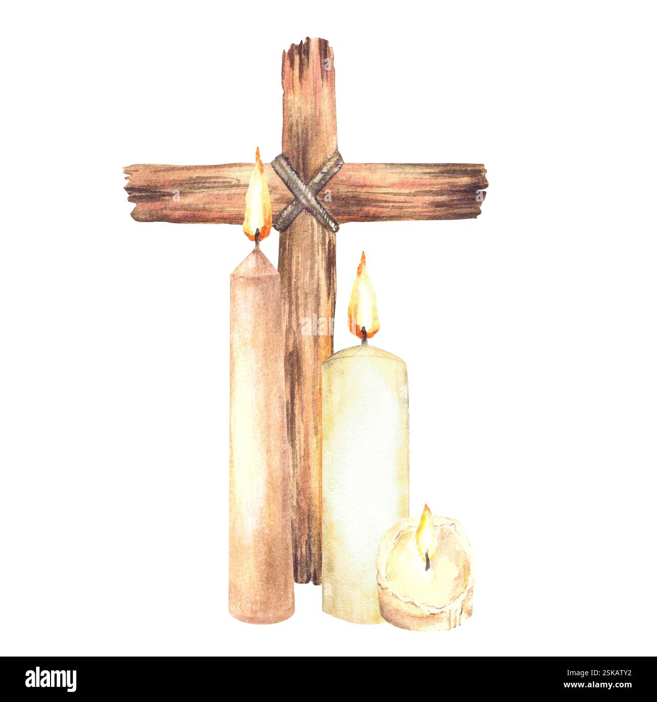 Brennende Kerze mit Holzkreuz, gebunden mit einem Seil religiöse Komposition. Handgezeichnete Aquarellillustration auf isoliertem Hintergrund. Clipart für First Stockfoto