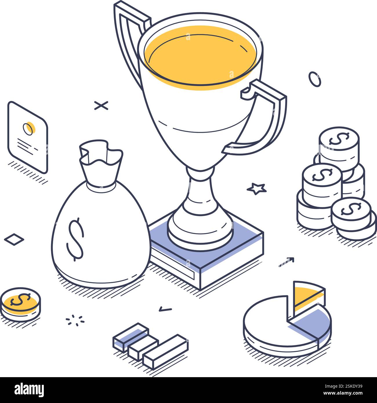 Trophäe für den Sieg, umgeben von verschiedenen Finanzsymbolen wie Münzen, einer Geldtasche und Diagrammen. Er betont Erfolge und Erfolge im Bereich Bus Stock Vektor