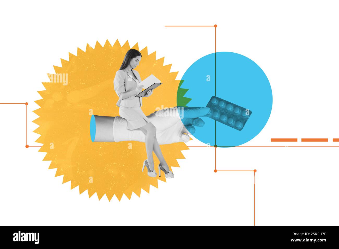 Composite 3D Collage Trend Artwork Vorlage Design von riesigen Handschuhe halten Pillen junge Dame formalwear Sit Lesen Buch Apotheker Stockfoto