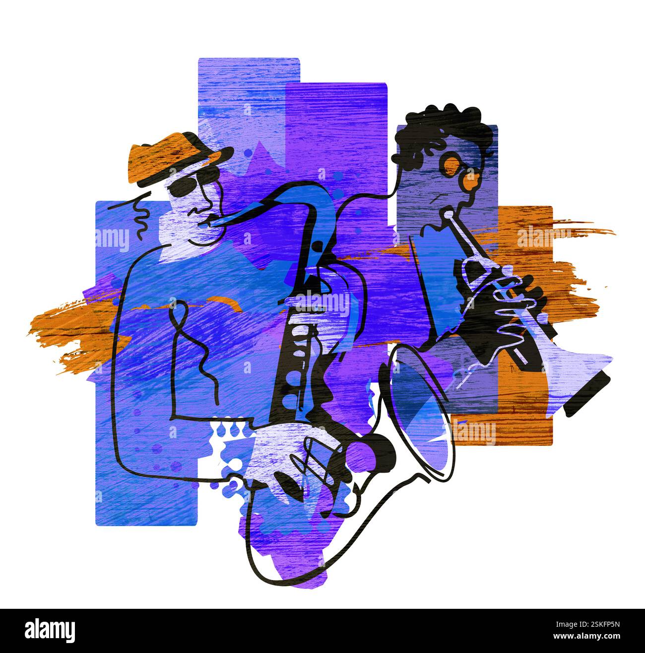 Zwei Jazzmänner, Jazzthema, Trompeter und Saxophonist. Ausdrucksstarke bunte Illustration von zwei Jazzmusikern. Isoliert auf weißem Hintergrund. Stockfoto
