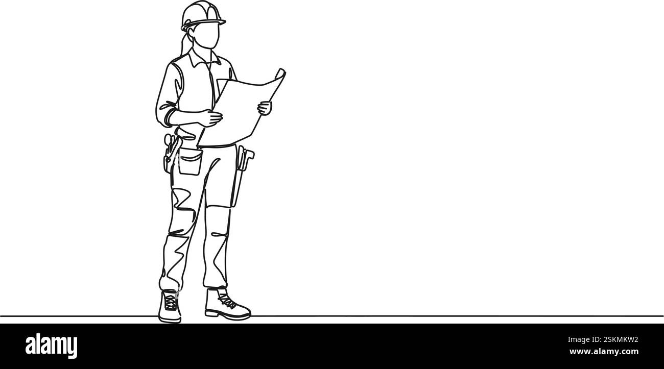 Ununterbrochene einzeilige Zeichnung der weiblichen Bauarbeiterin oder des Bauingenieurs, die Bauplan hält, Linie Art Vektor Illustration Stock Vektor