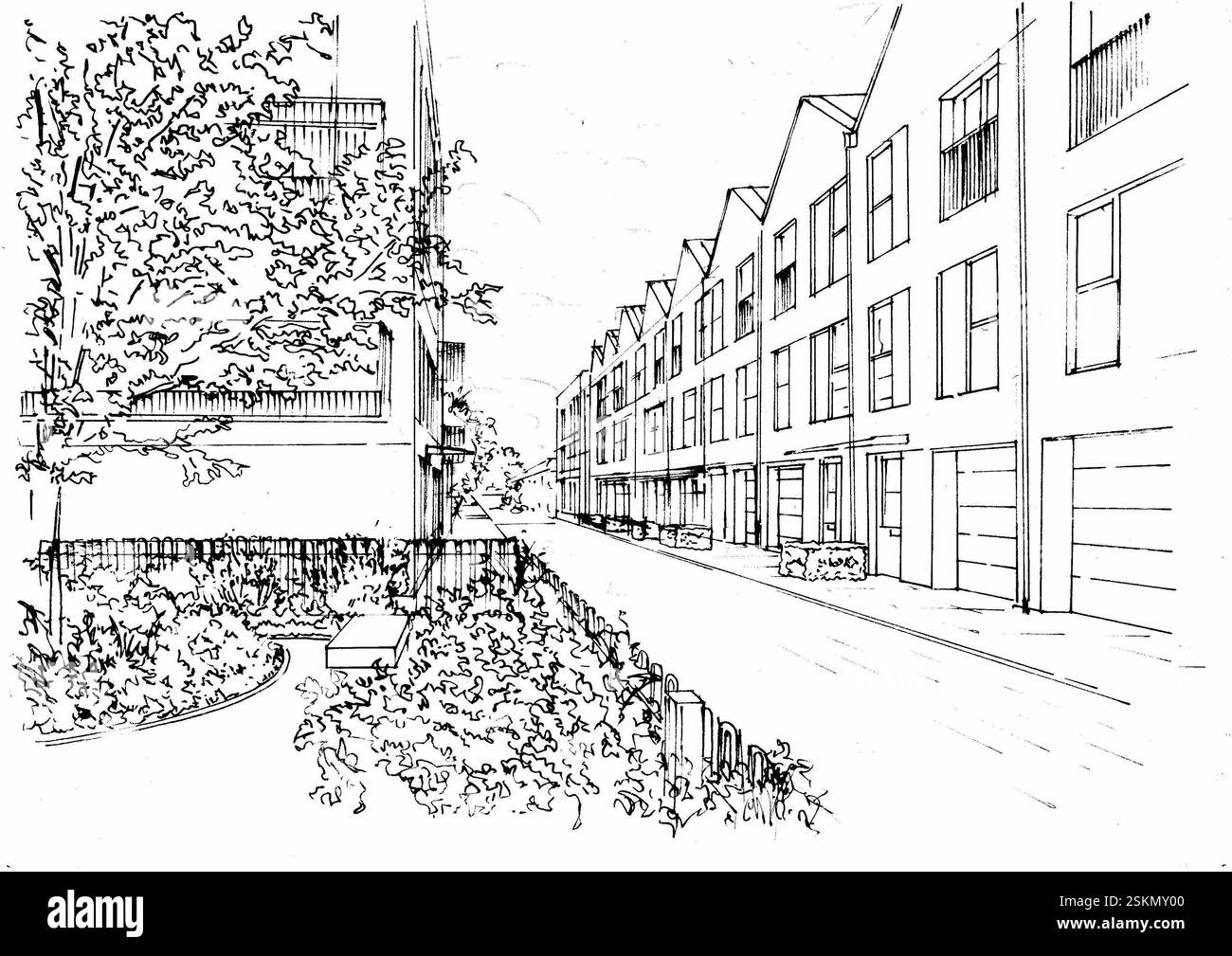 Eine handgezeichnete Zeichnung mit Stift und Tinte einer modernen Straßenszene auf weißem Hintergrund. Stockfoto