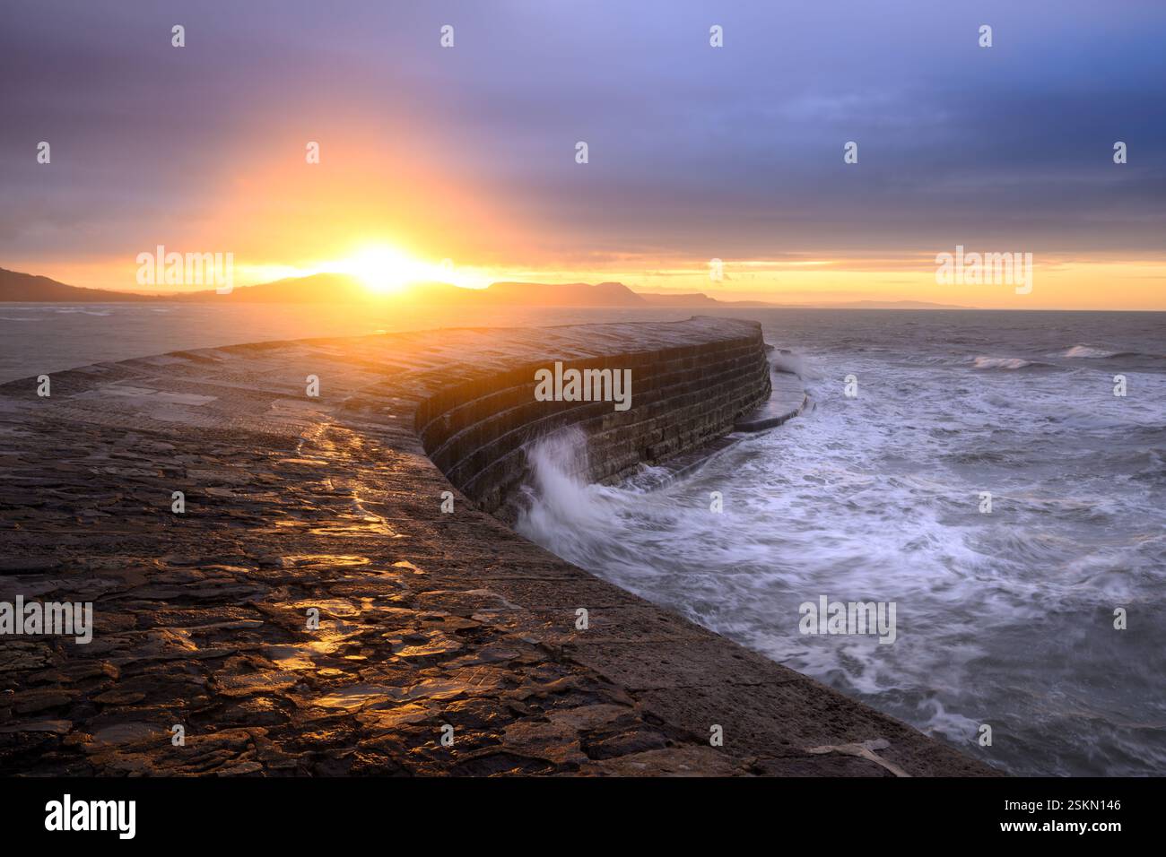 Lyme Regis, Dorset, Großbritannien. Ein wunderschöner Sonnenaufgang mit goldenem Licht beleuchtet den Cobb Walkway. Stockfoto