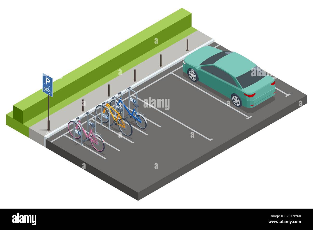 Isometrischer Vektor einer Fahrradparkzone auf einem Parkplatz mit Fahrrädern und einem geparkten Auto in der Nähe von grüner Landschaft. Stock Vektor