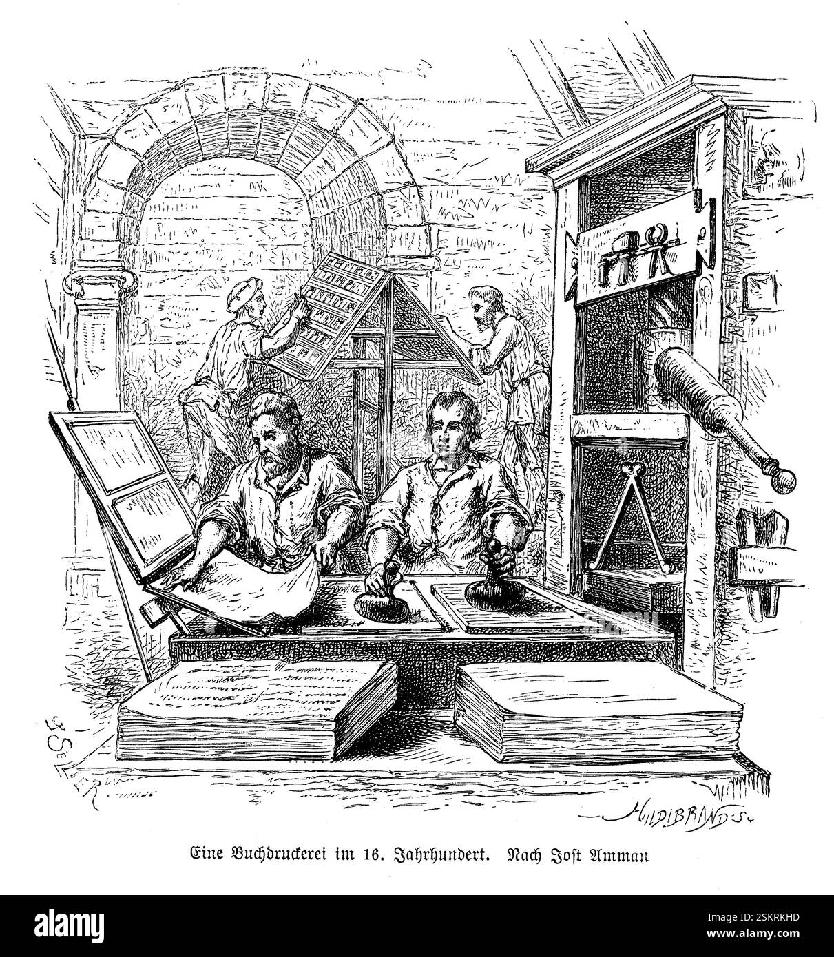 Ptintpressenarbeit im Buchladen des 16. Jahrhunderts von Jost Ammann Stockfoto