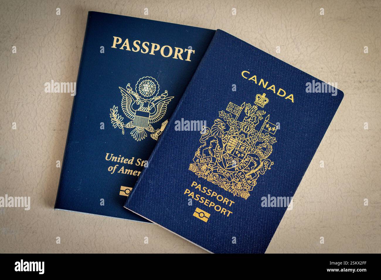 Blick von oben auf amerikanische und kanadische Pässe, die nebeneinander platziert werden, mit blauen Farben und nationalen Emblemen auf den Covern Stockfoto