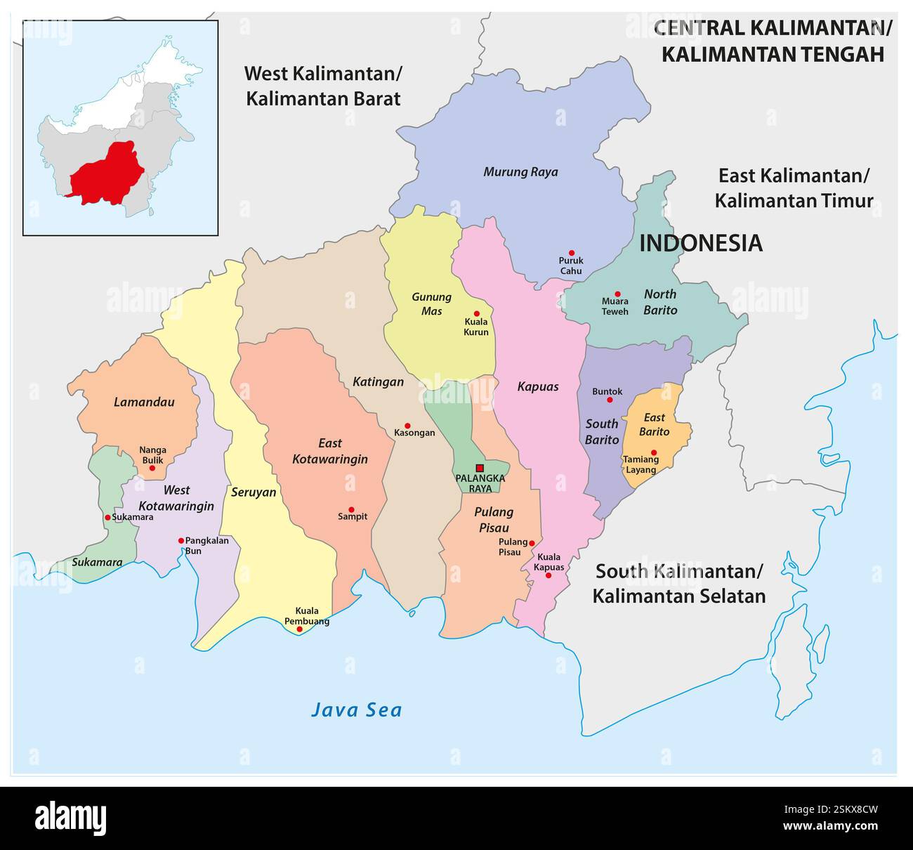 Verwaltungskarte der indonesischen Provinz Central Kalimantan, Borneo Stockfoto