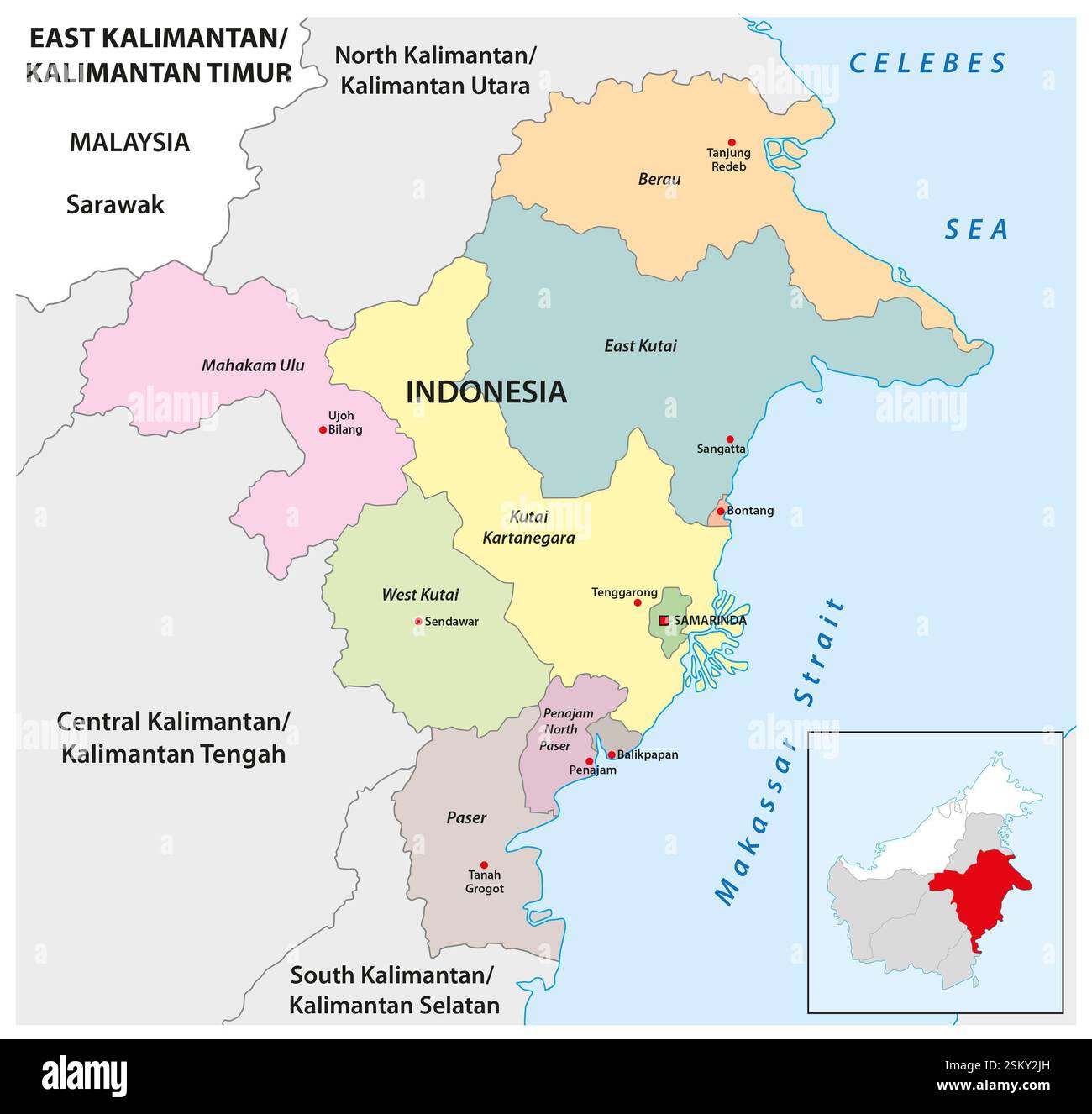 Verwaltungskarte der indonesischen Provinz East Kalimantan, Borneo Stockfoto