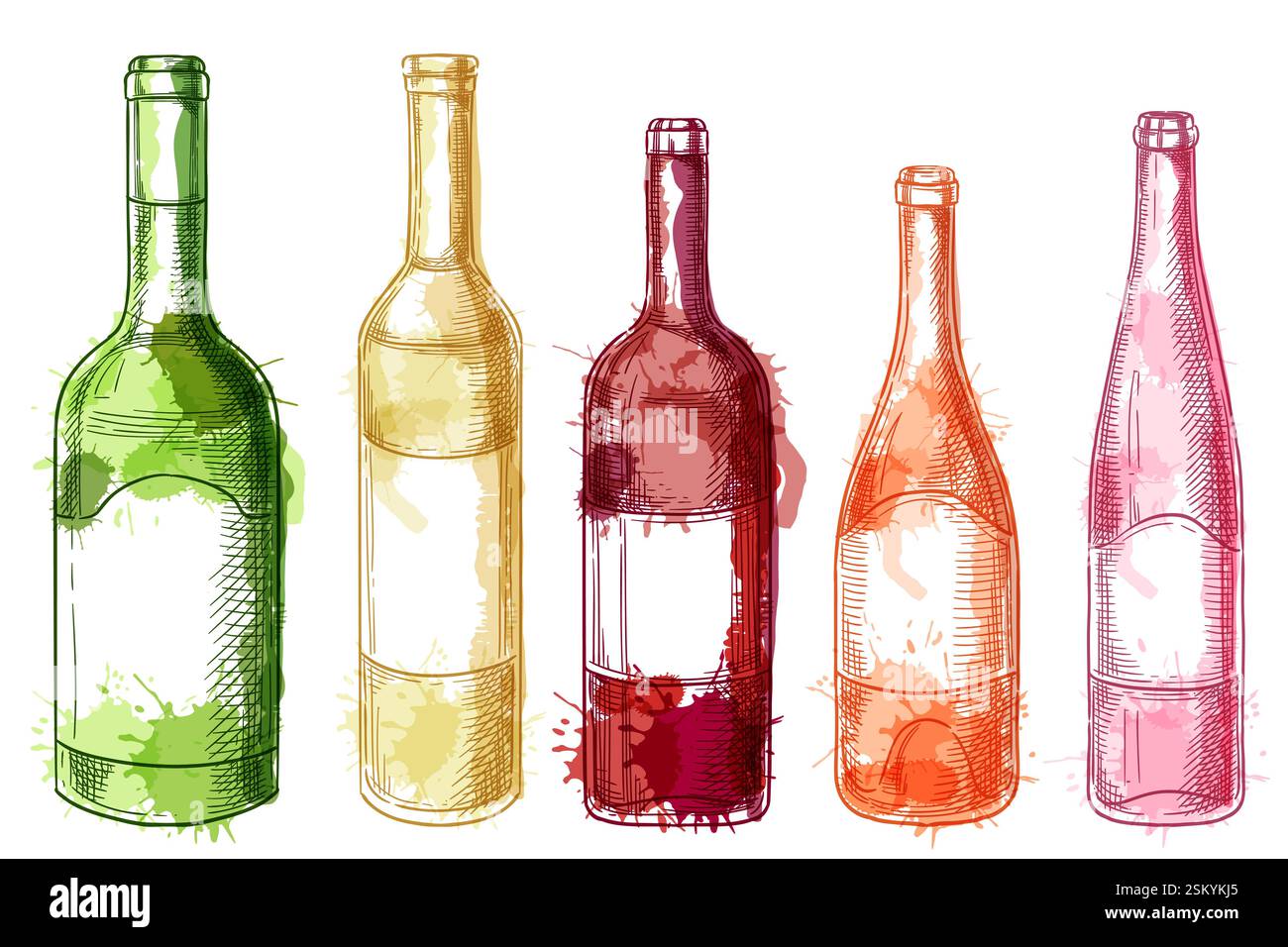 Reihe von fünf Flaschen mit verschiedenen Weinen. Vektor Hand gezeichnete Aquarellskizze Illustration isoliert auf weißem Hintergrund. Label für Weinkellereien, ich Stock Vektor