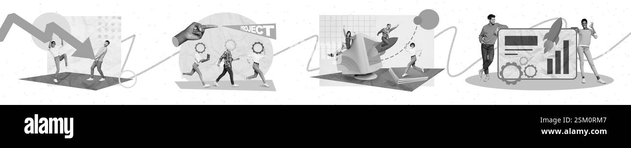 Collage-Sammlung von Geschäftsleuten, die gemeinsam an der Einführung eines Netzwerkprojekts arbeiten Halten Sie den Pfeil nach unten isoliert auf gestrichenem Hintergrund Stockfoto