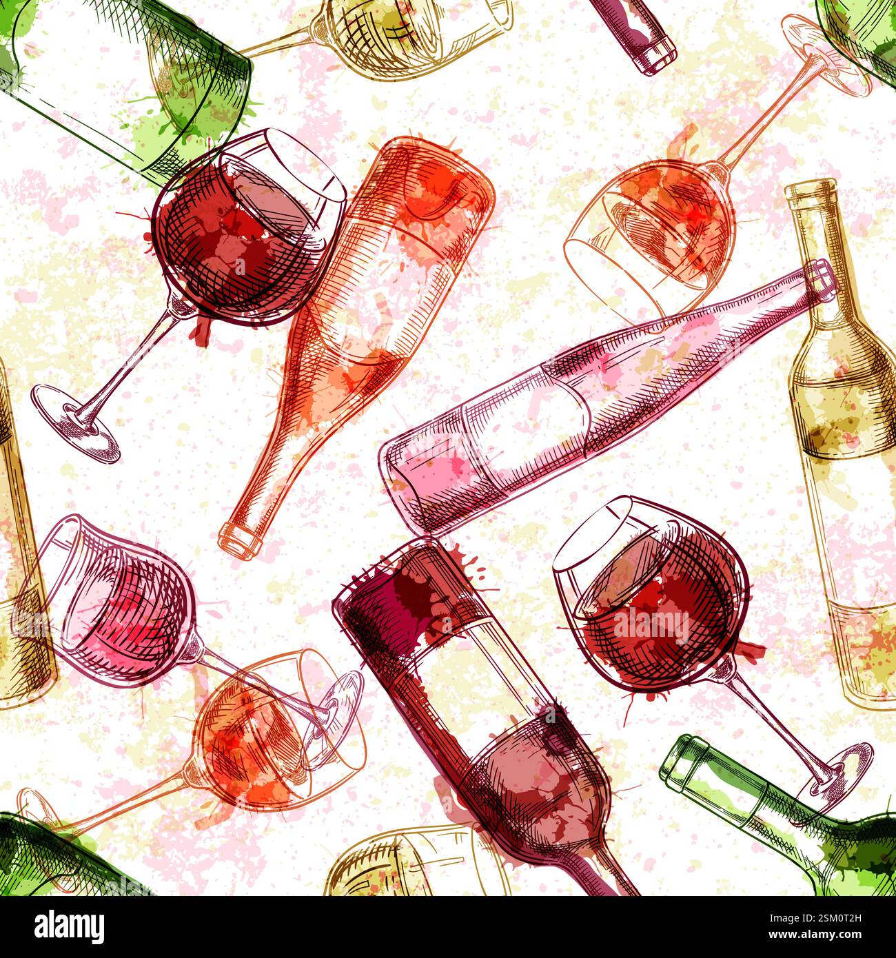 Nahtloses Muster von Weinflaschen und Gläsern. Vektor Hand gezeichnete Aquarellskizze Illustration. Liste mit alkoholischen Getränken, Bar-Menü-Design. Stoffdesign, Wickel Stock Vektor