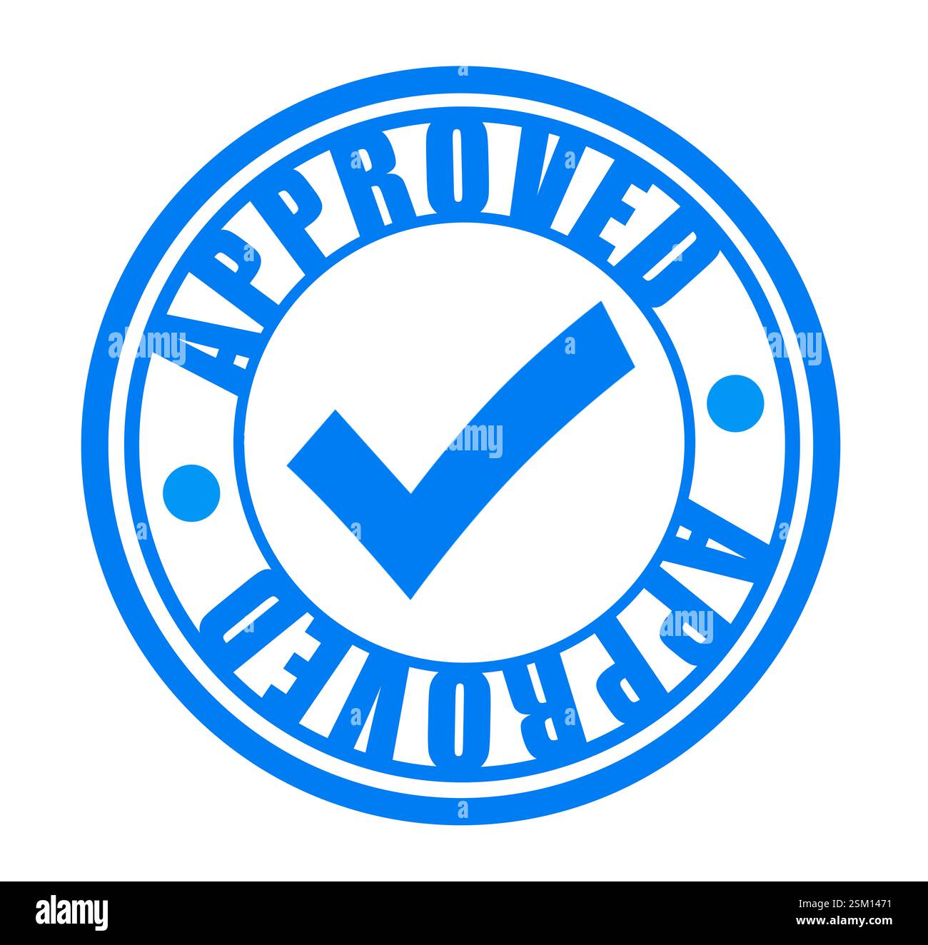 Blauer Stempel mit dem Wort „genehmigt“ und Häkchen auf weißem Hintergrund Stockfoto
