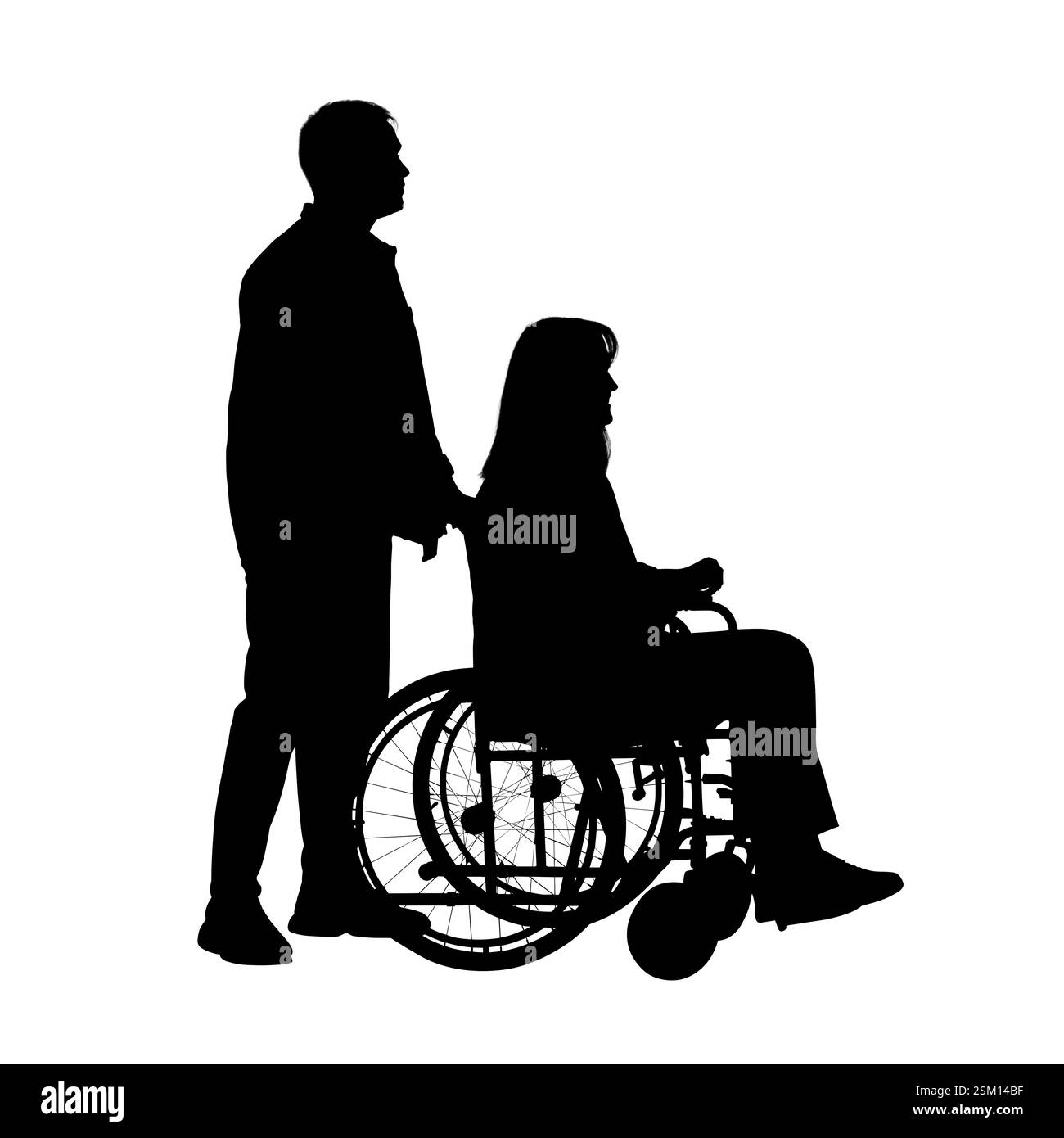 Silhouette eines Mannes mit Frau im Rollstuhl auf weißem Hintergrund Stockfoto