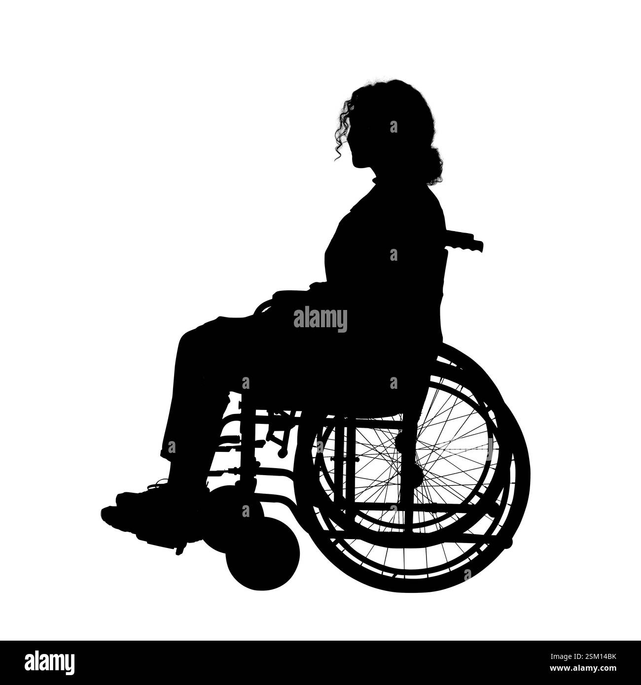 Silhouette einer Frau im Rollstuhl auf weißem Hintergrund Stockfoto