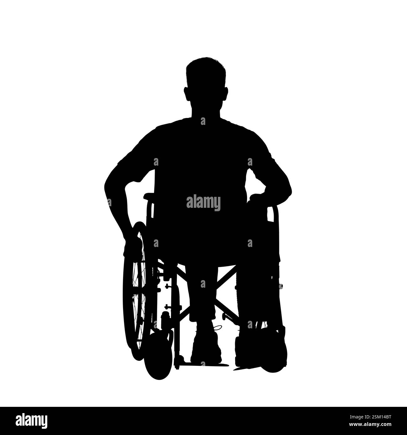 Silhouette eines Mannes im Rollstuhl auf weißem Hintergrund Stockfoto