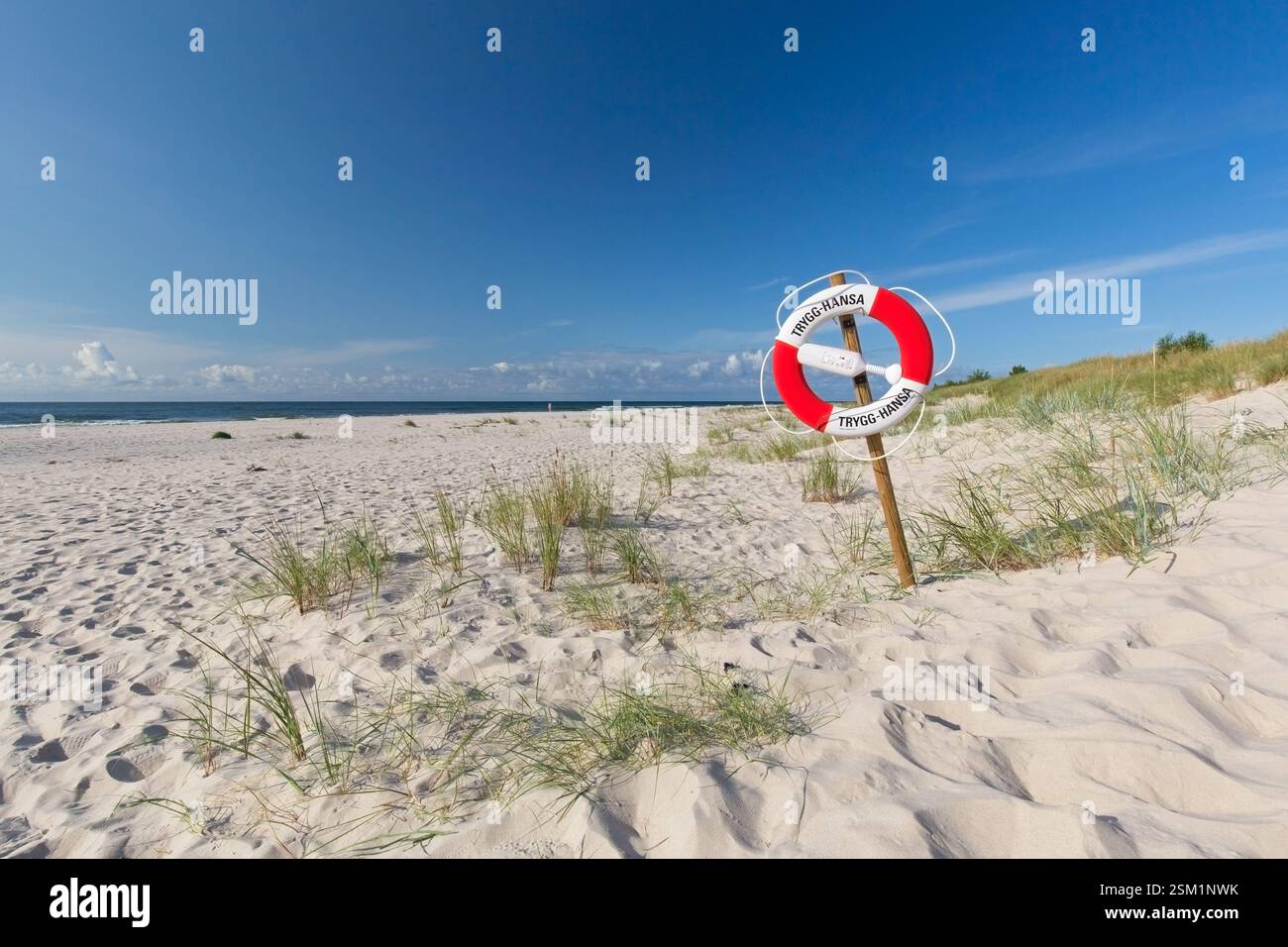 Rettungsring auf Sandhammaren, Sandstrand in Ystad entlang der Ostsee im Sommer, Scania / Skåne, Schweden Stockfoto