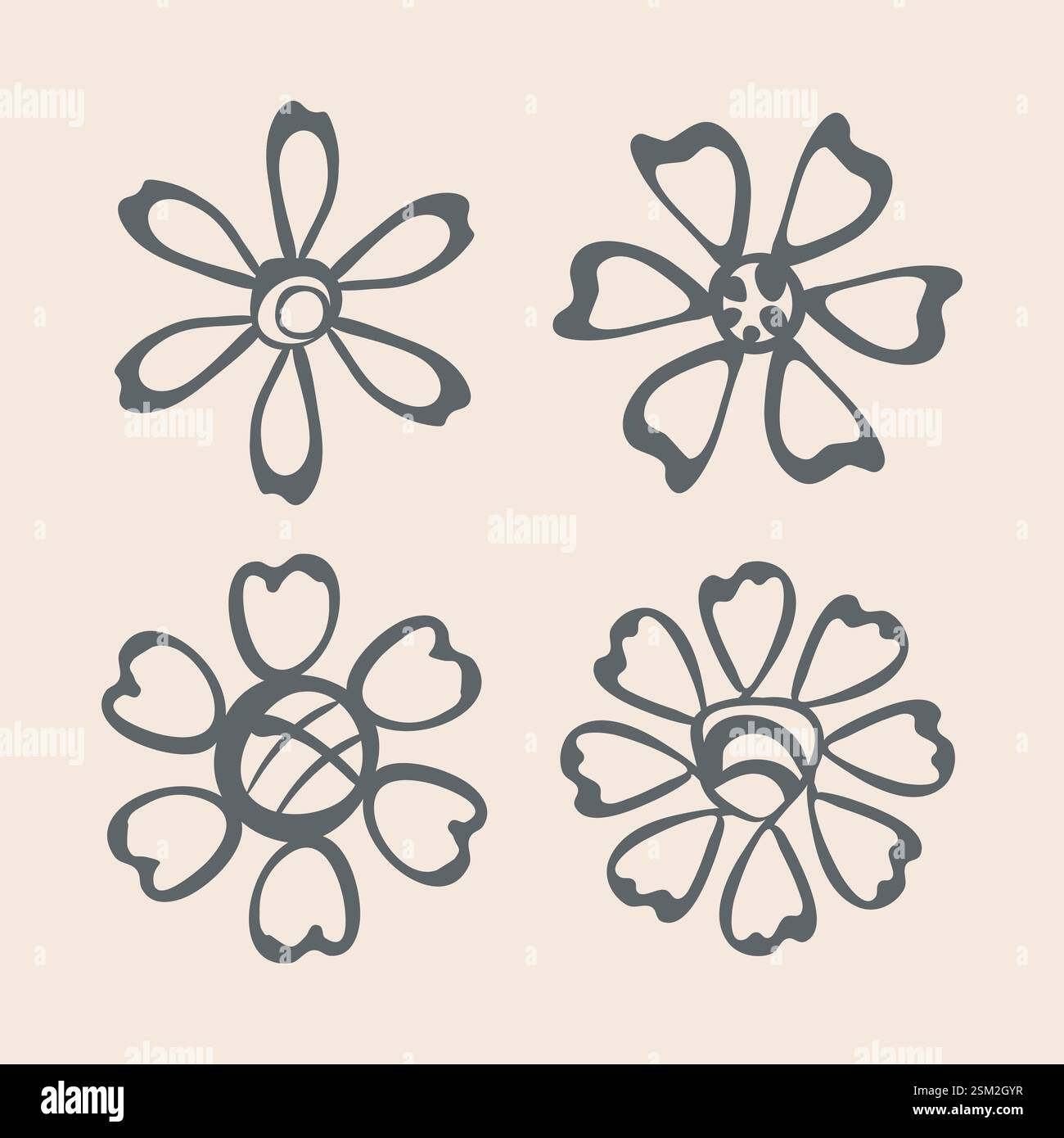Handgezeichnetes Blumenset. Umrisssymbol mit floralem Symbol, Tusche mit kräftiger Pinselkontur, niedliches, flaches Kritzelchen-Freihand-Clipart, schwarze Silhouette, niedlich Stock Vektor