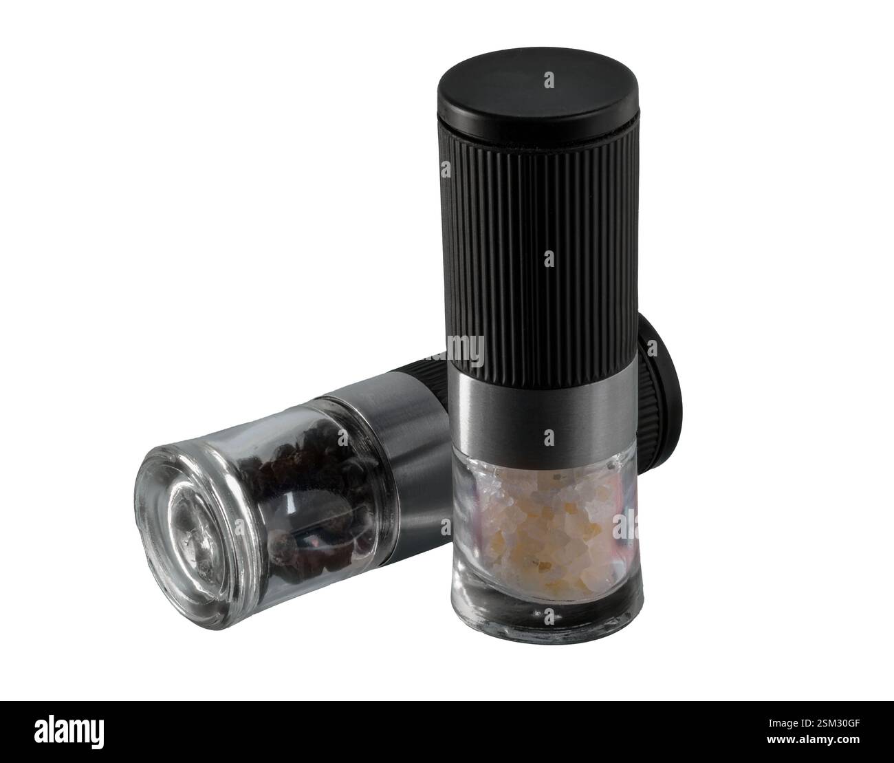 Makro einer isolierten Salz- und Pfeffermühle Stockfoto