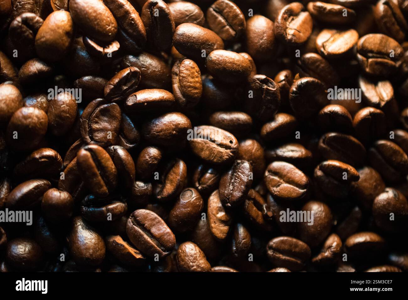 Makroaufnahme aus gerösteten Kaffeebohnen mit satten, dunkelbraunen Tönen und glänzenden Texturen. Perfekt für Kaffee-Branding, Café-Aktionen oder Getränke Stockfoto