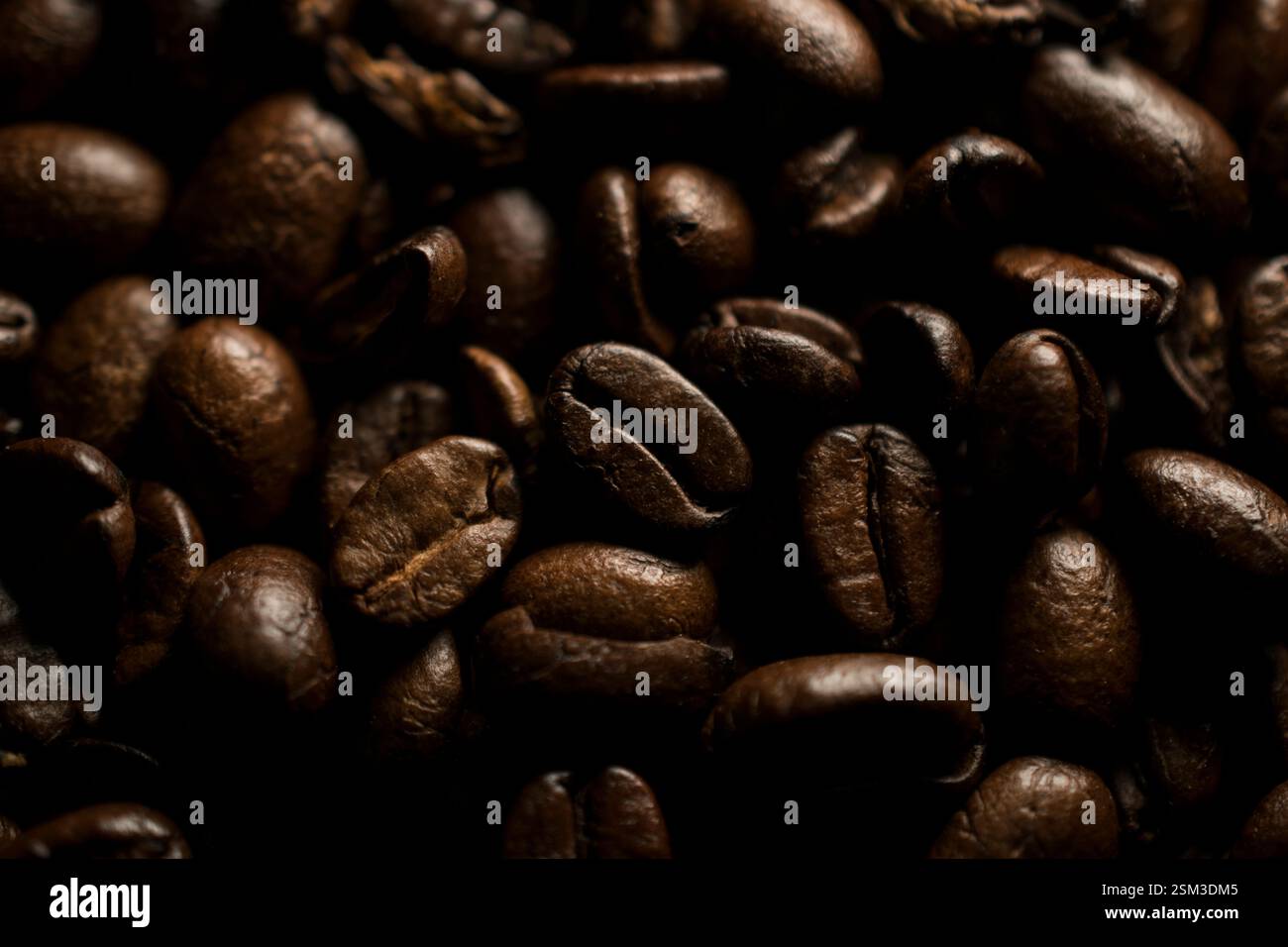 Makroaufnahme aus gerösteten Kaffeebohnen mit satten, dunkelbraunen Tönen und glänzenden Texturen. Perfekt für Kaffee-Branding, Café-Aktionen oder Getränke Stockfoto