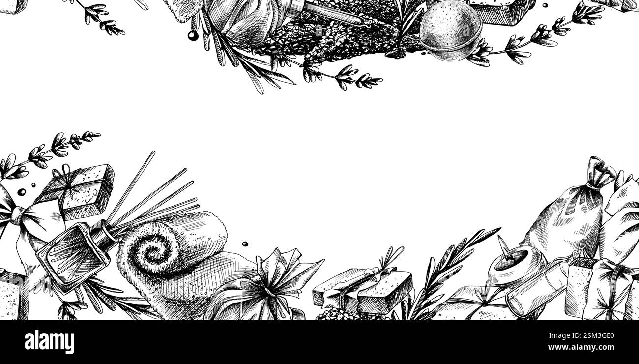 Horizontaler Rand mit Kosmetikartikeln und Accessoires für Bad und Spa. Grafische Illustrationen, handgezeichnet in Schwarzweiß-Monochrom Stock Vektor