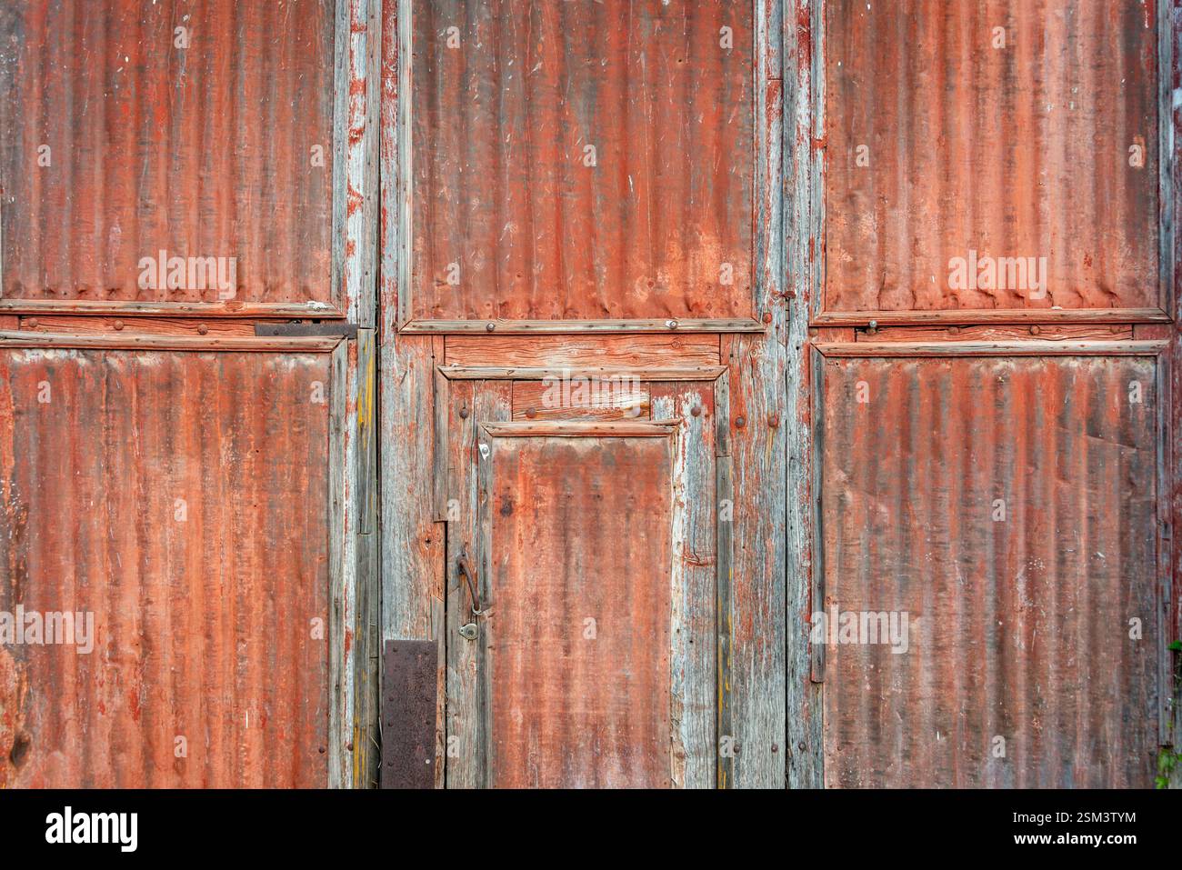 Tür aus rostigem Wellblech, Hintergrundstruktur. Stockfoto