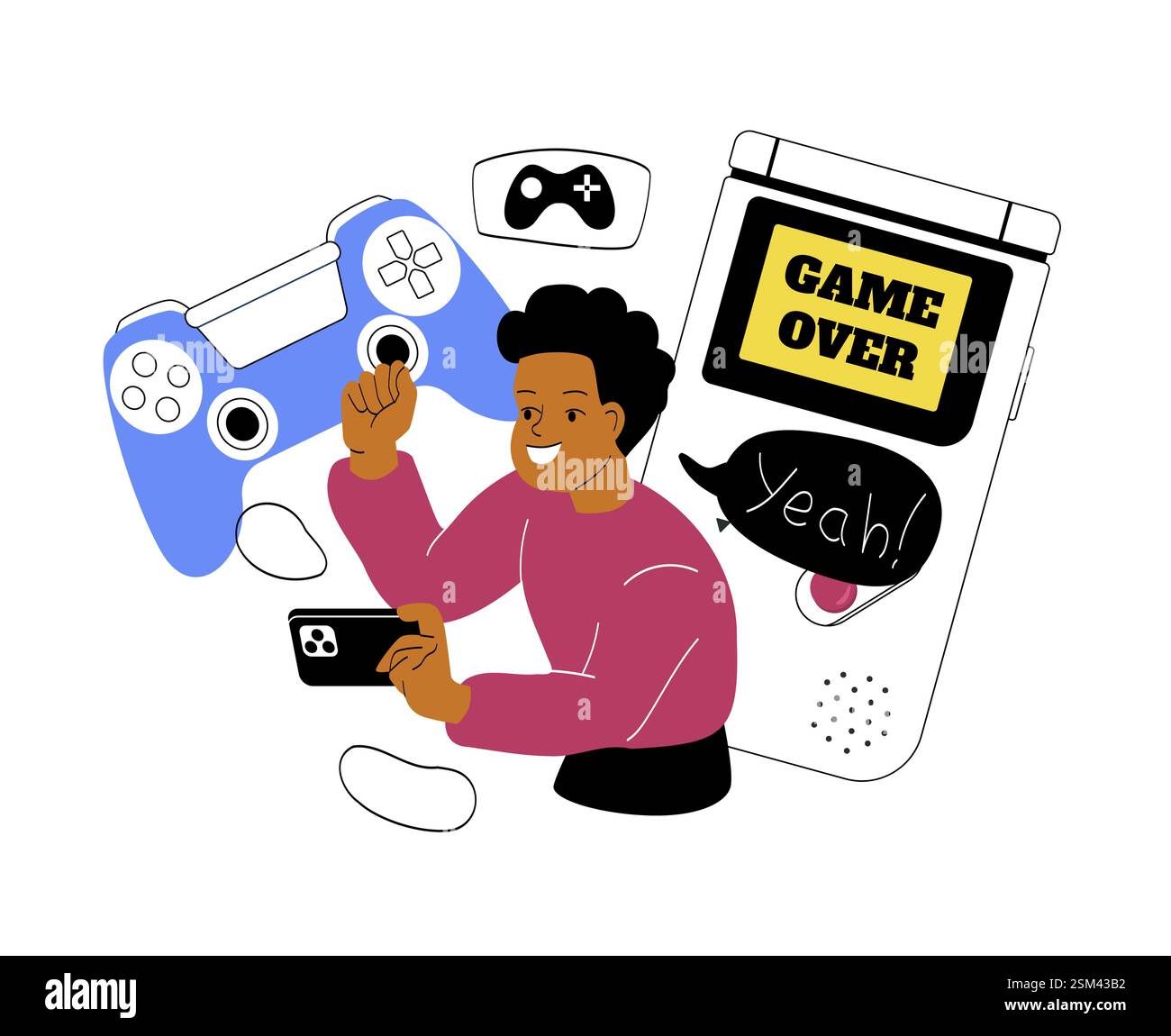 Gamer genießen mobiles Gaming mit Retro- und modernen Konsolen. Stock Vektor