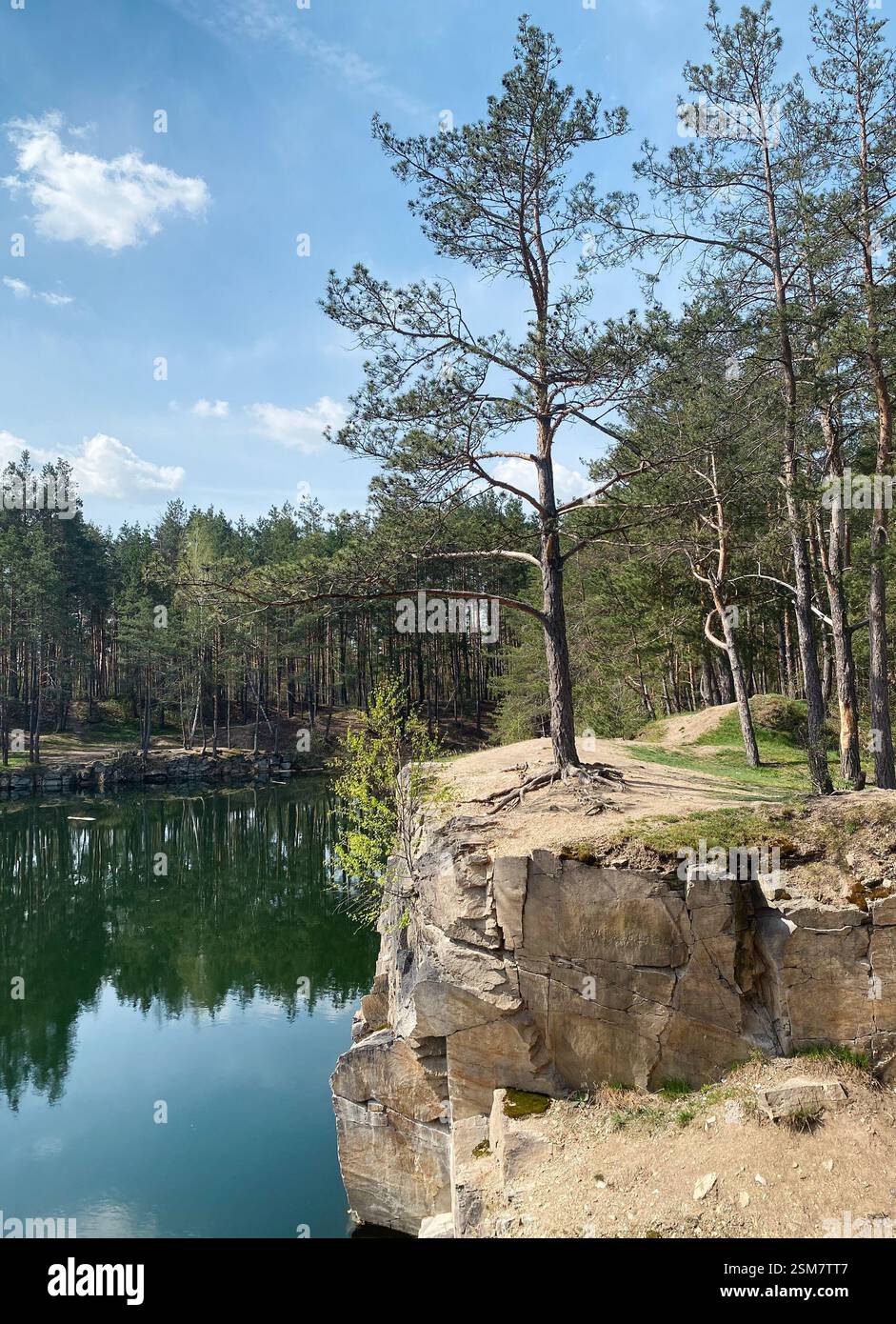Kiefer am felsigen Ufer eines Waldsees. Steinbruchsee im Kiefernwald. Reflexion von Bäumen im tiefen Wasser des überfluteten, verlassenen Granitsteinbruchs. Stockfoto