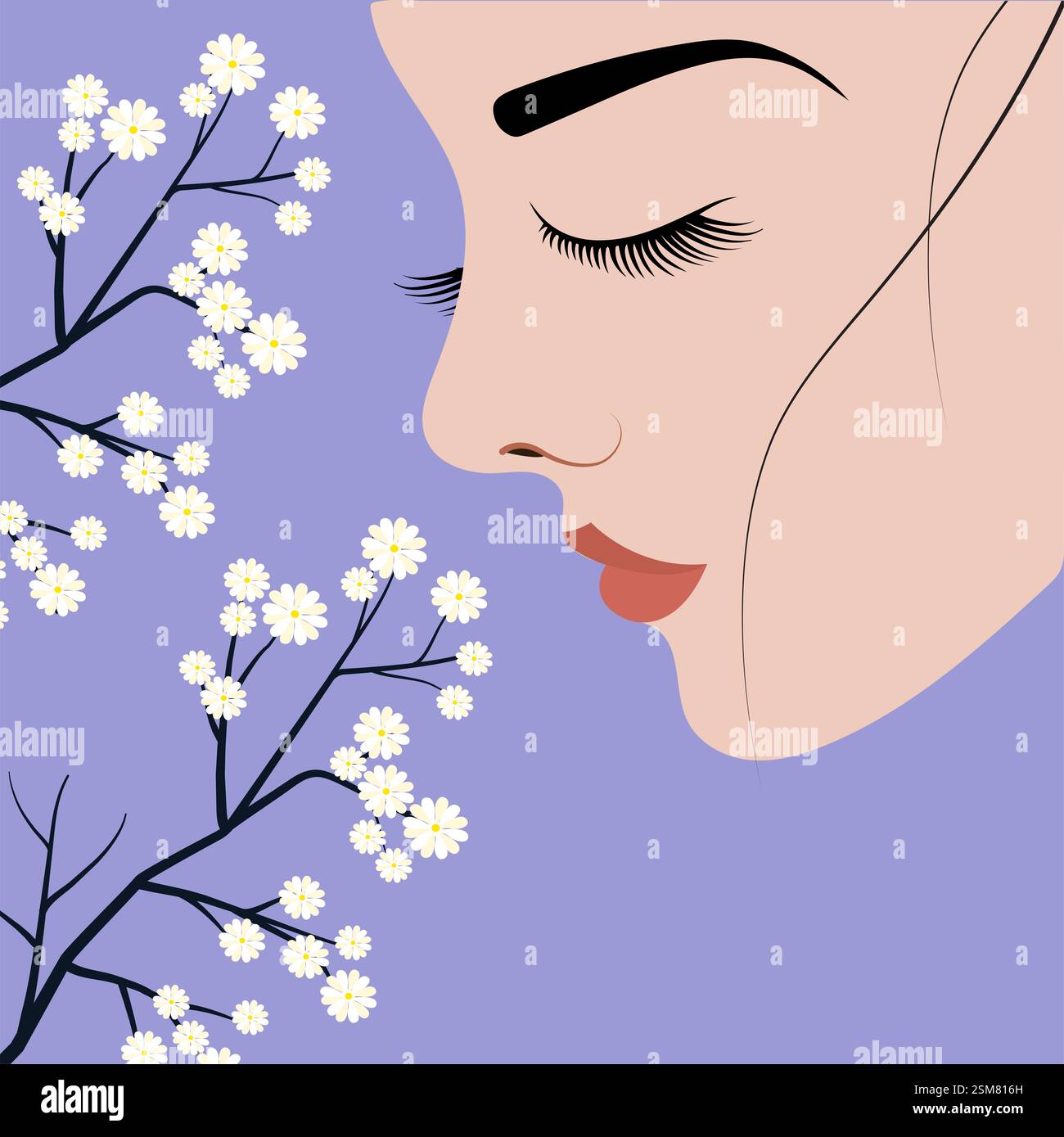 Eine Frau mit geschlossenen Augen, die sanft den Duft zarter weißer Blumen einatmet. Stockfoto