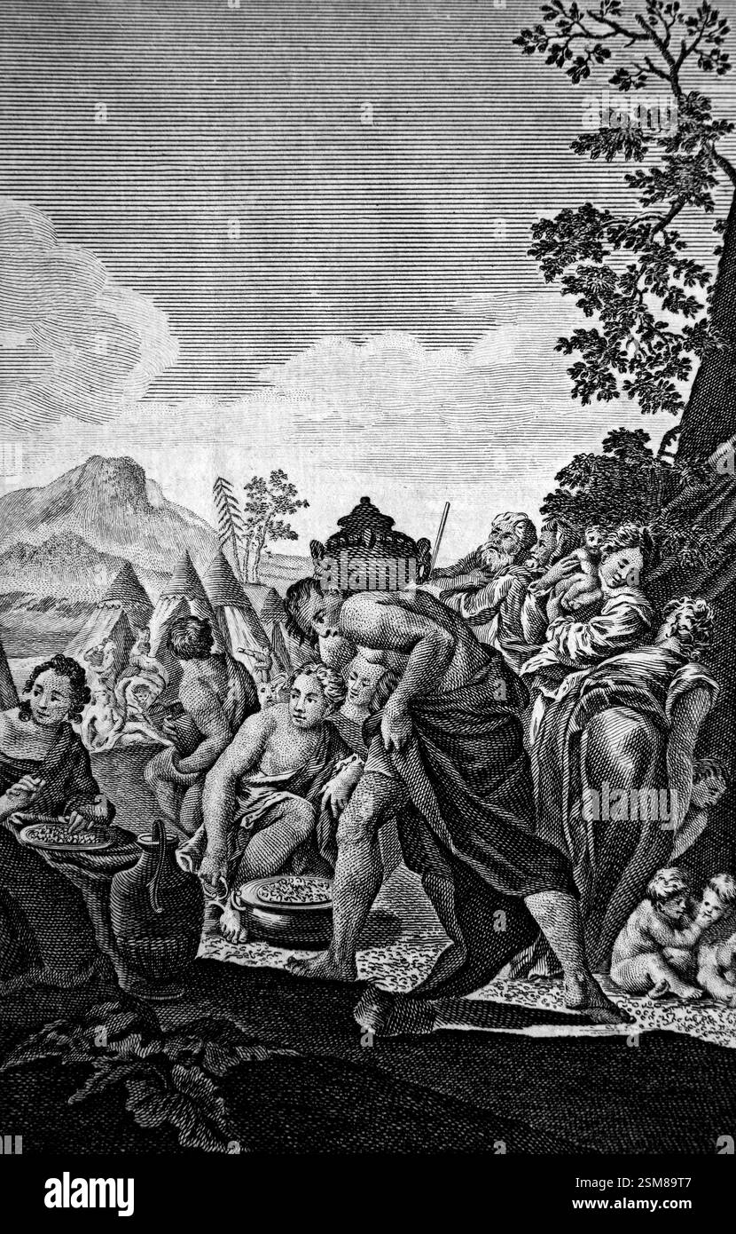 Kupferplatten-Gravur der Israeliten, die Manna sammelten, als die Israeliten Hunger in der Wildnis hatten, sandte Gott Tau auf den Boden und als das de de Stockfoto