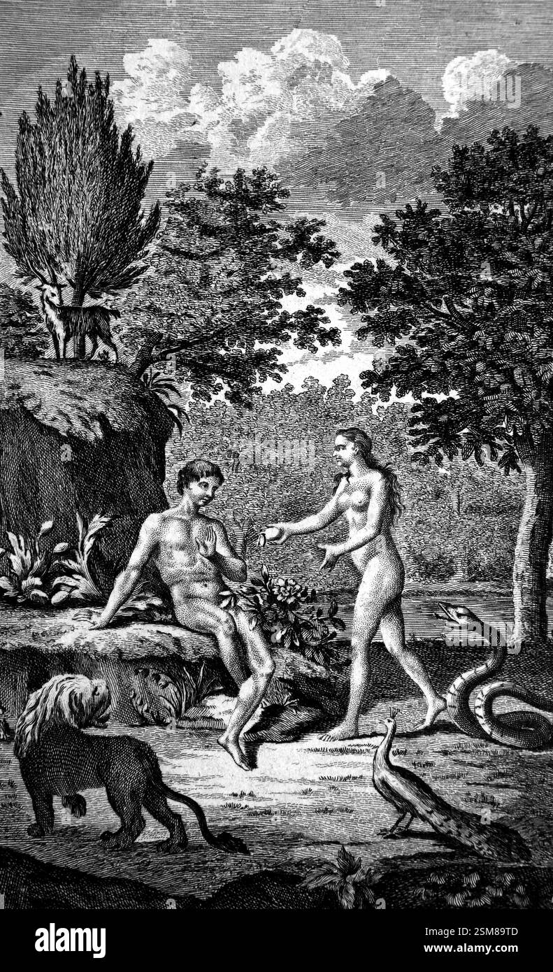 Kupferstichgravur von Eva, die Adam die verbotene Frucht präsentiert (Genesis) aus der Antike 1780 die Familienbibel von Reverend Dr Southwell (die Universale Familienbibel) Stockfoto